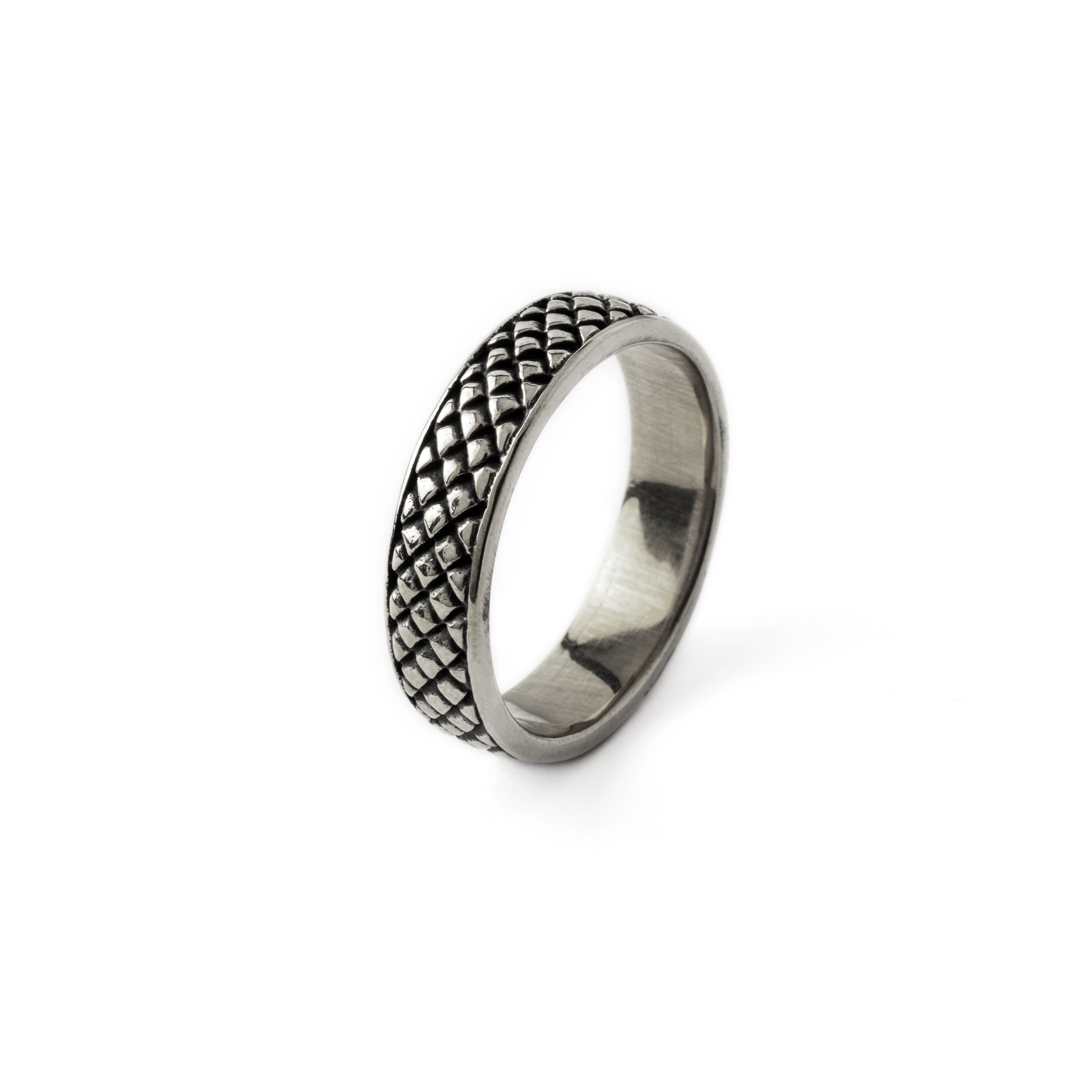 Rebirth- silver band ring with snake scales side view