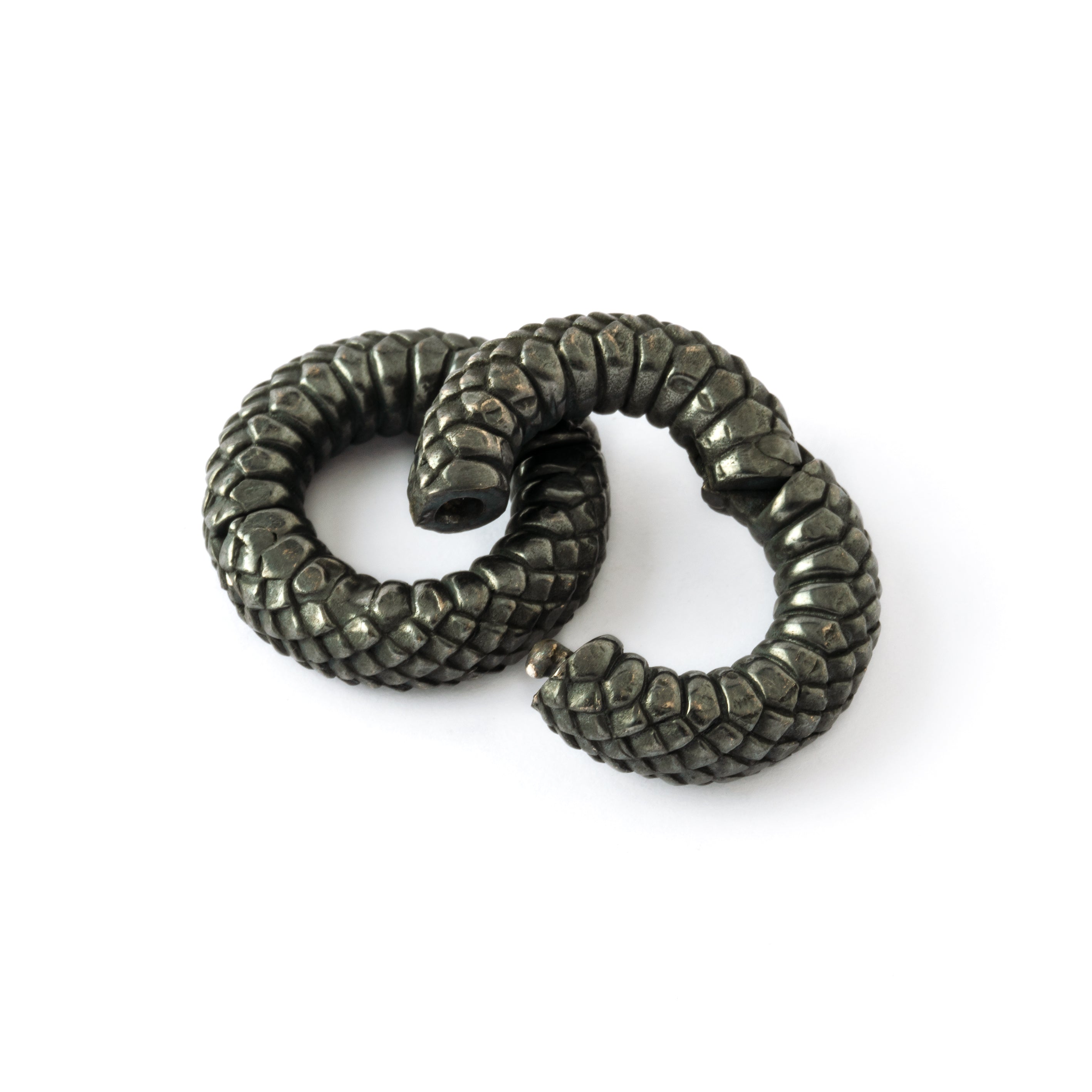 pair of black silver snake scales ear weight hoops side and closure view