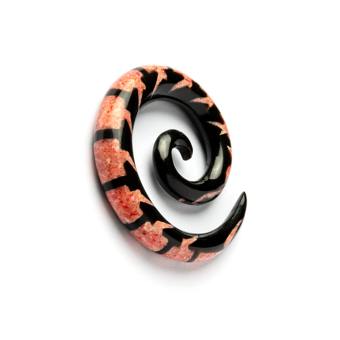 single spiral horn ear stretchers with centipede shaped red coral inlay left side view