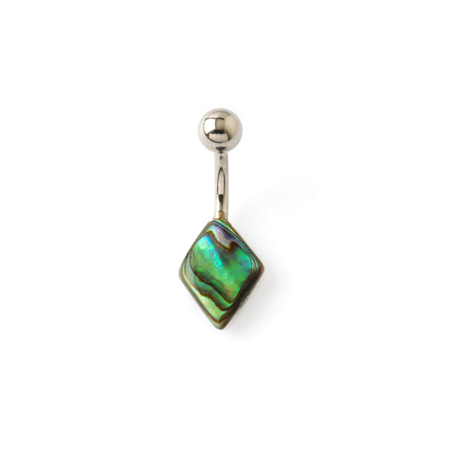 Rhombus Abalone on a surgical steel belly piercing frontal view