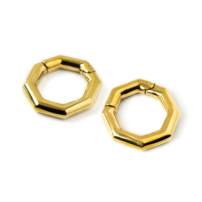 pair ofgolden brass octagon hoop gauges side frontal view