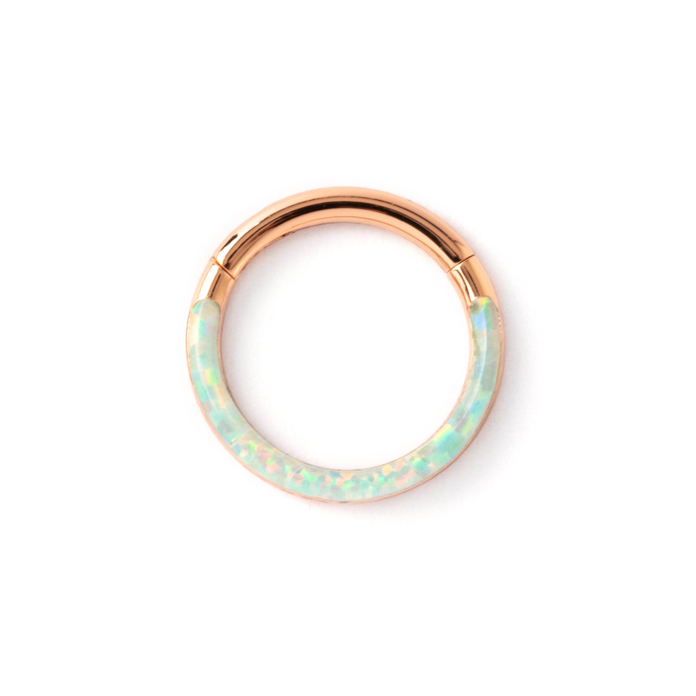 Rose Gold surgical steel septum clicker ring with white opal inlay frontal view