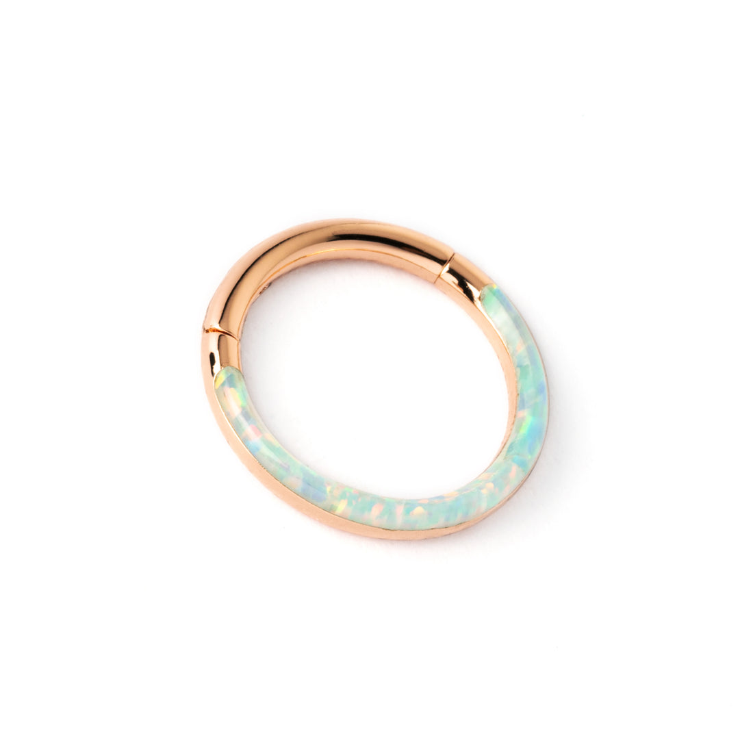 Rose Gold surgical steel septum clicker ring with white opal inlay right side view