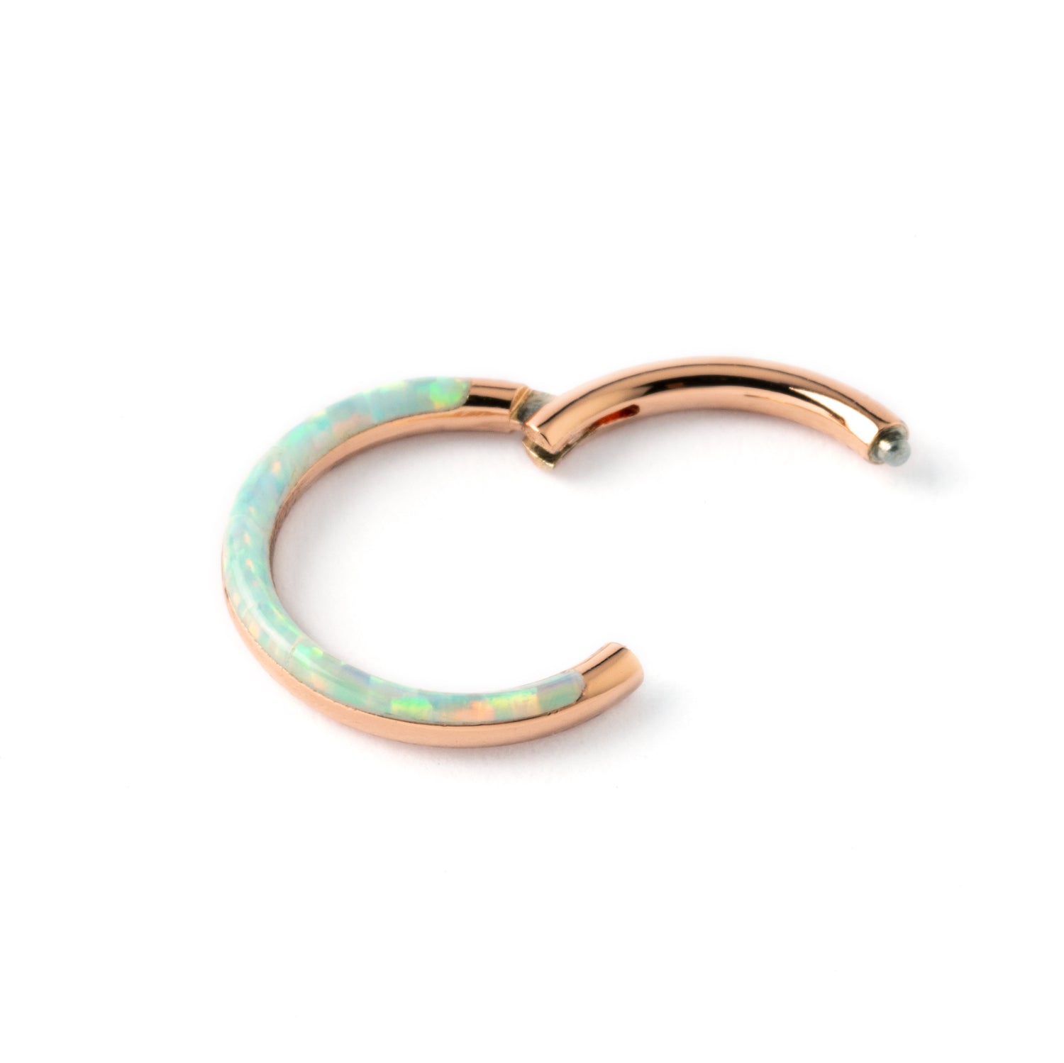 Rose Gold surgical steel septum clicker ring with white opal inlay closure view