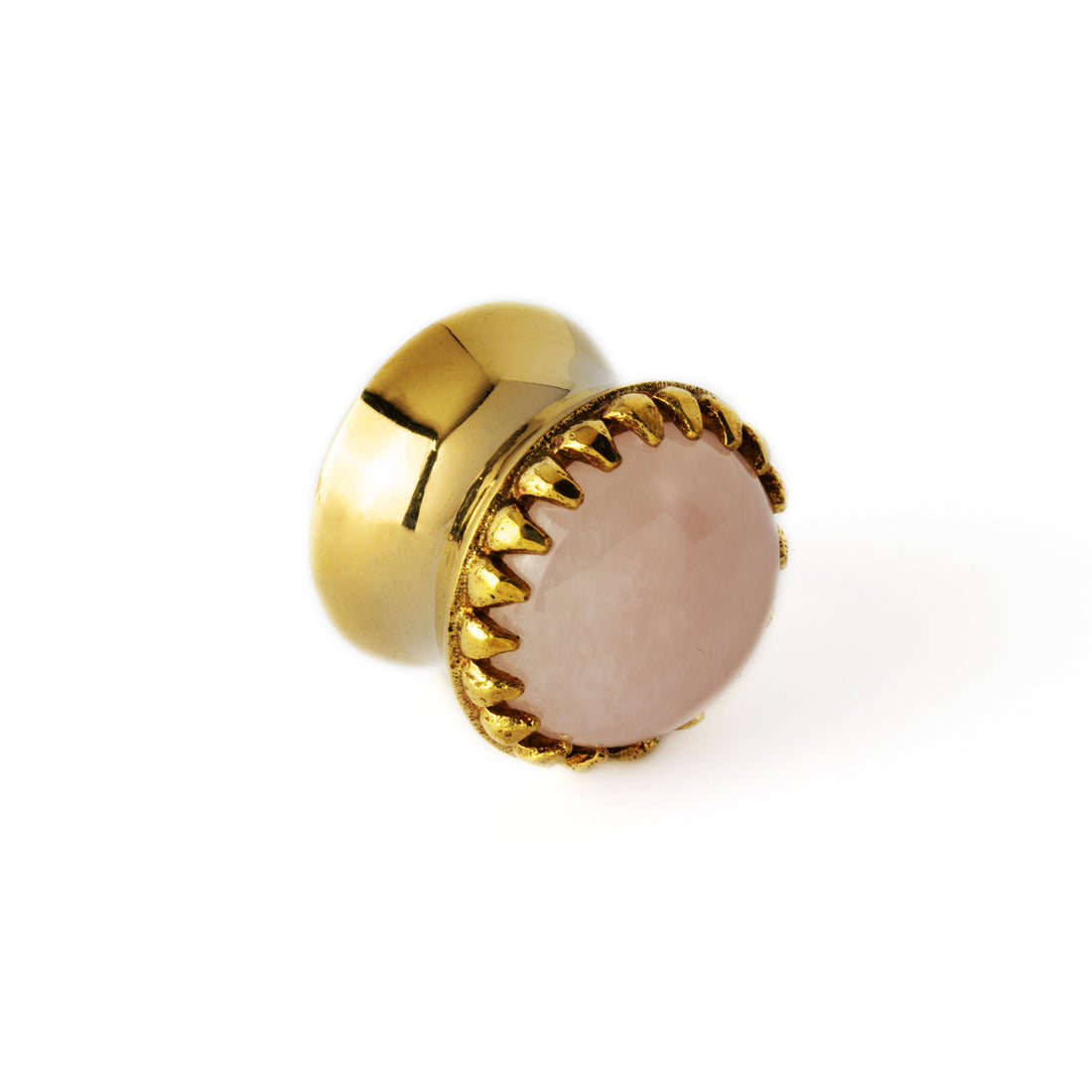 golden ear plug crown shaped with centred rose quartz