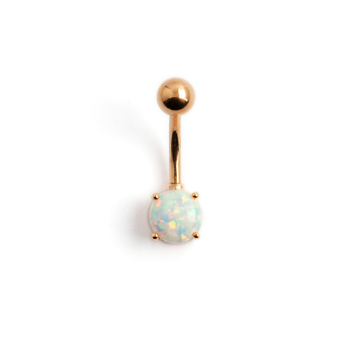 1.6mm/14g Rose Gold plated surgical steel belly button ring with set Opal frontal view