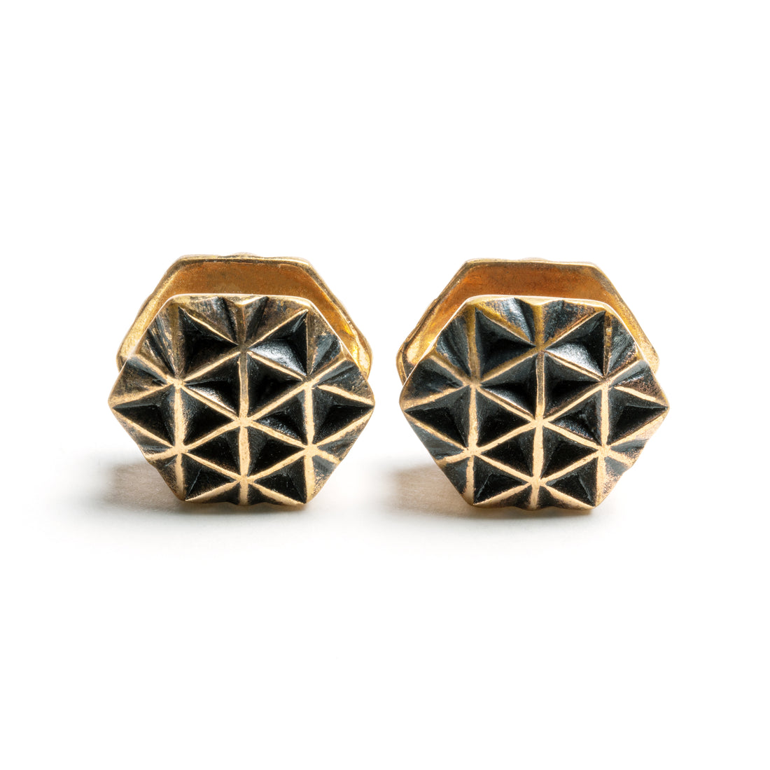 pair of rose gold hexagon ear weights hangers frontal view