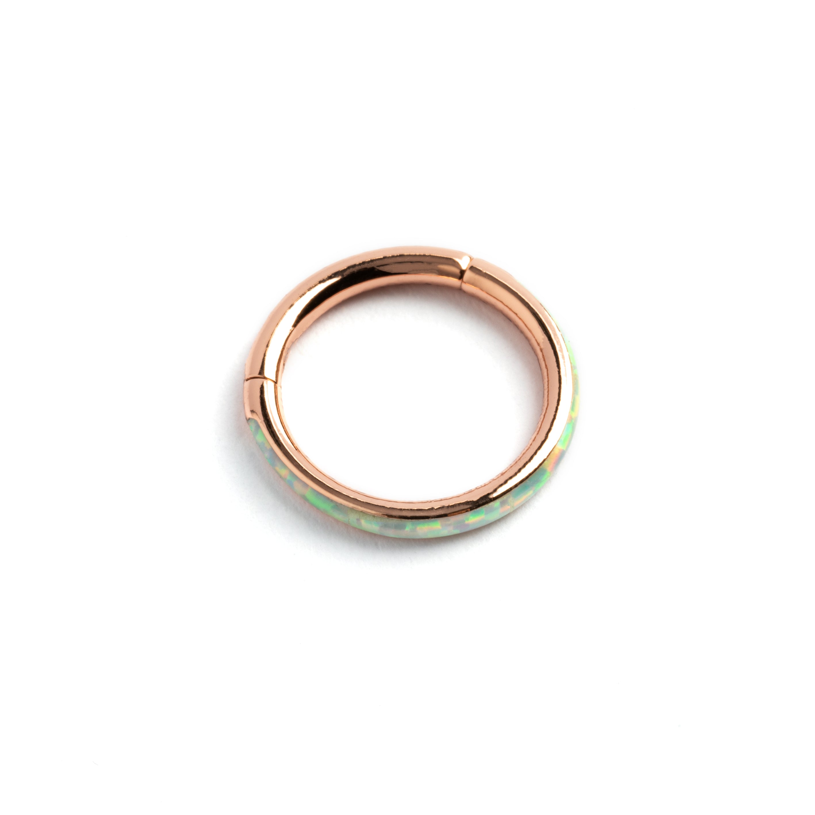 Rose Gold surgical steel septum clicker ring with white opal inlay right side view 