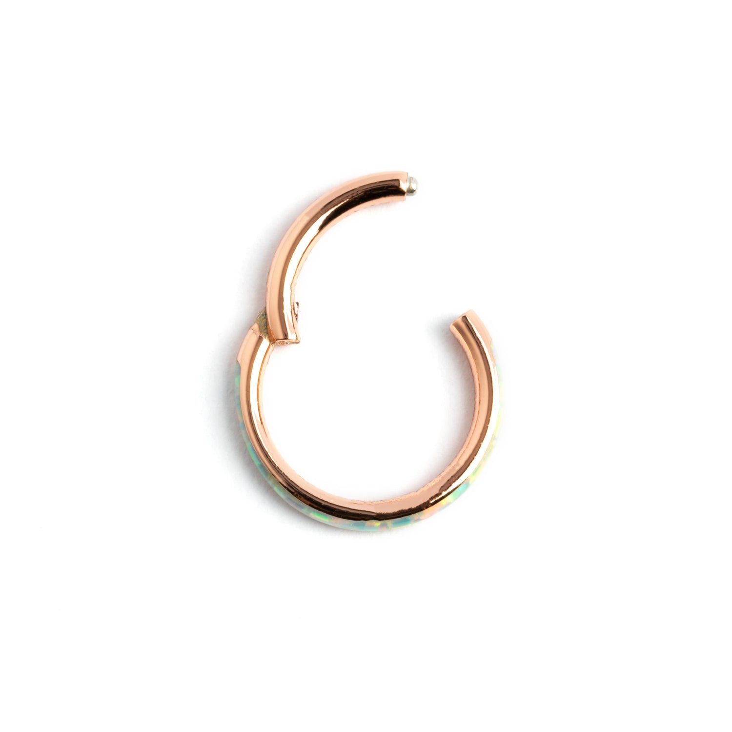 Rose Gold surgical steel septum clicker ring with white opal inlay closure view 