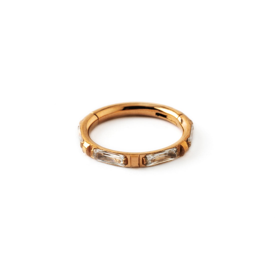 Rose Gold clicker ring with clear crystals inlay frontal view