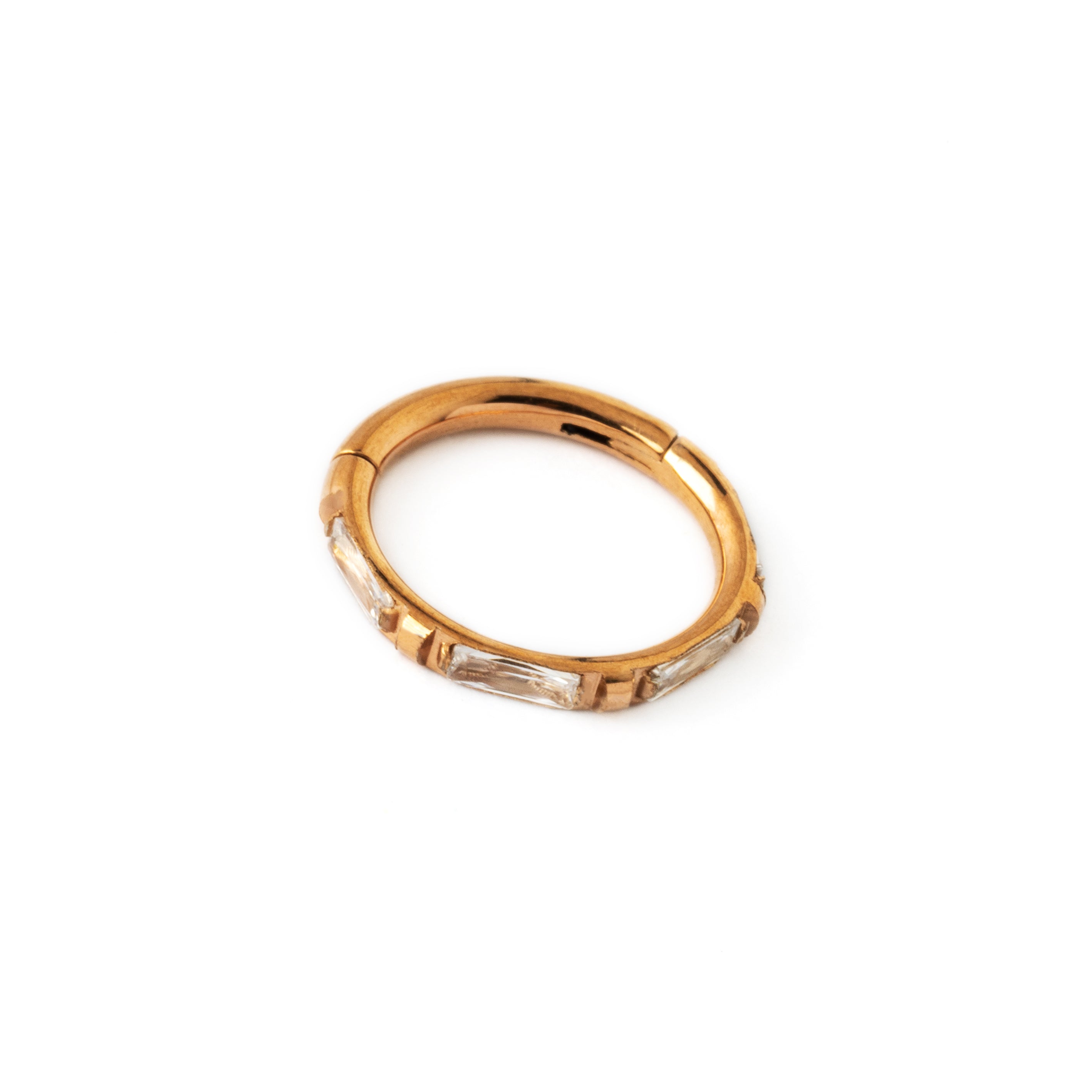 Rose Gold clicker ring with clear crystals inlay right side view