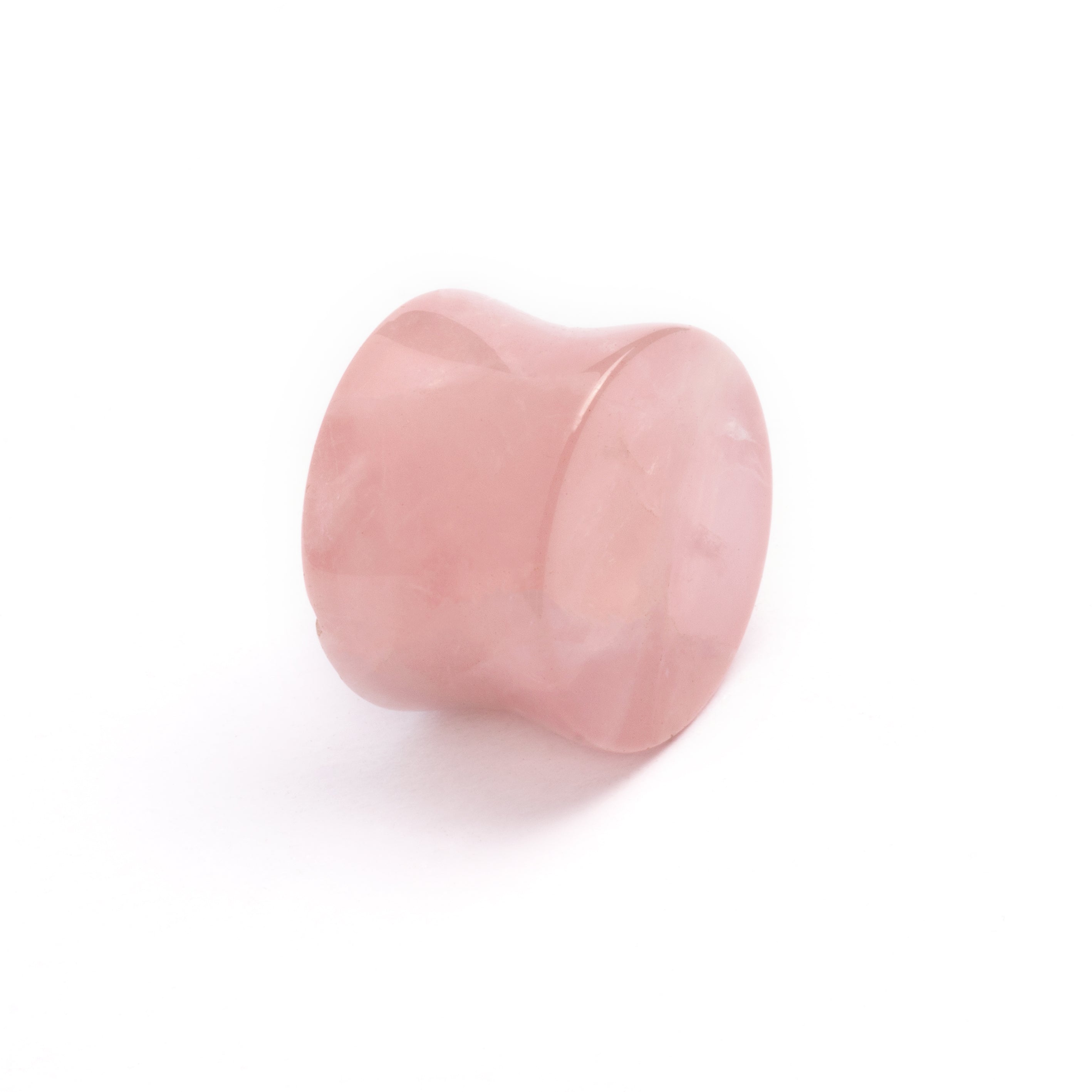single rose quartz double flare stone ear plug right front view