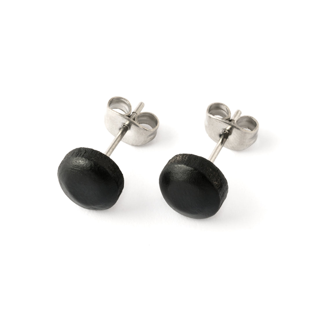 pair of black wood disc stud earrings right side view