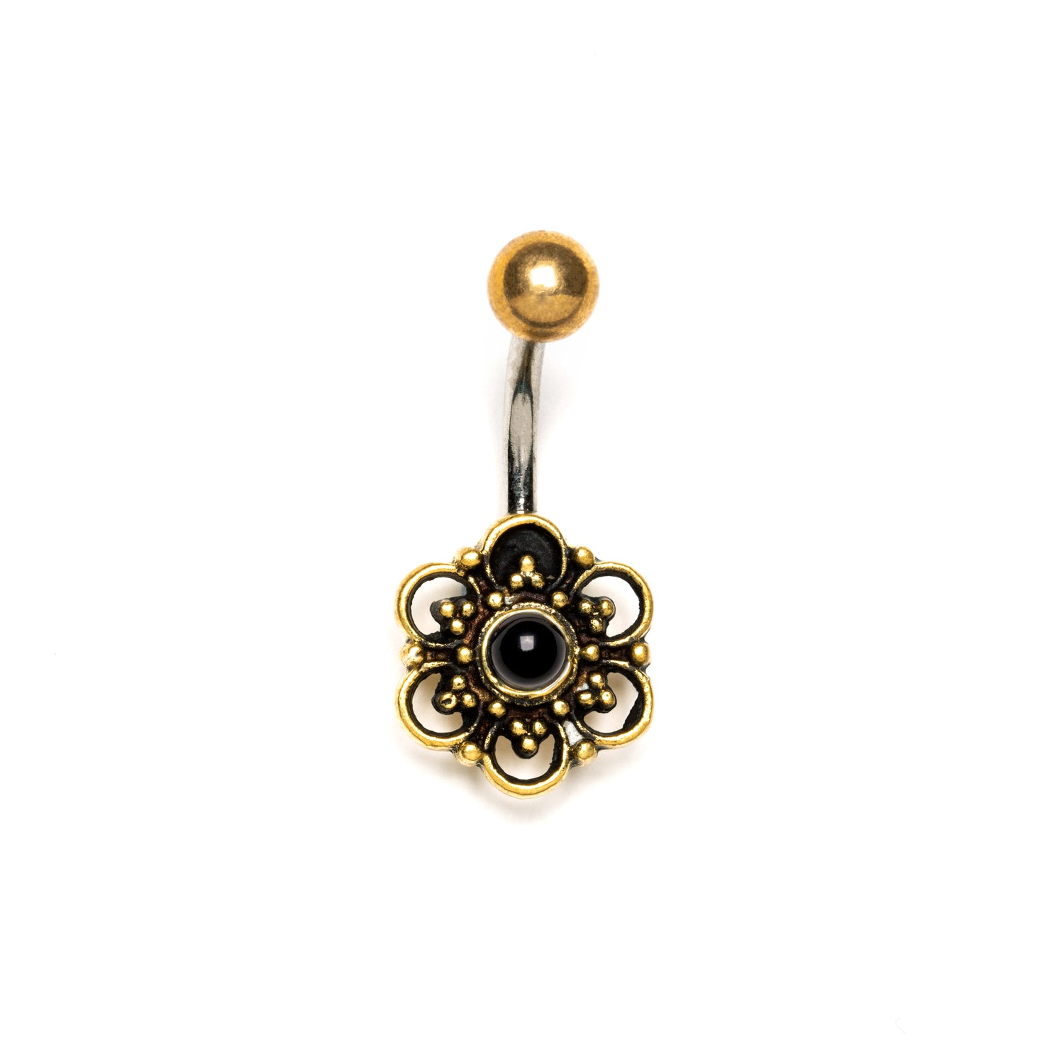 Flower Belly Piercing with Onyx frontal view