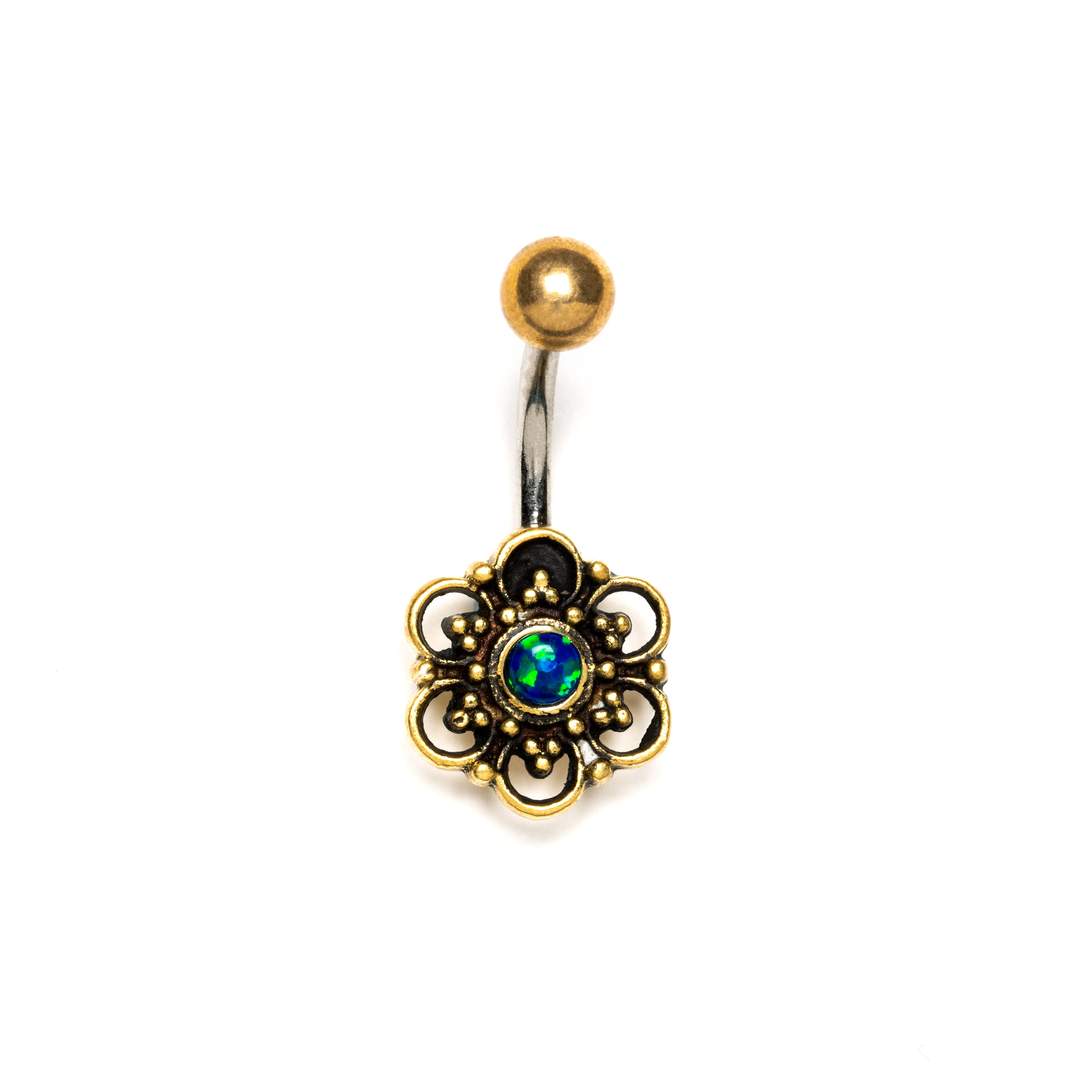 Flower Belly Piercing with Blue Opal frontal view