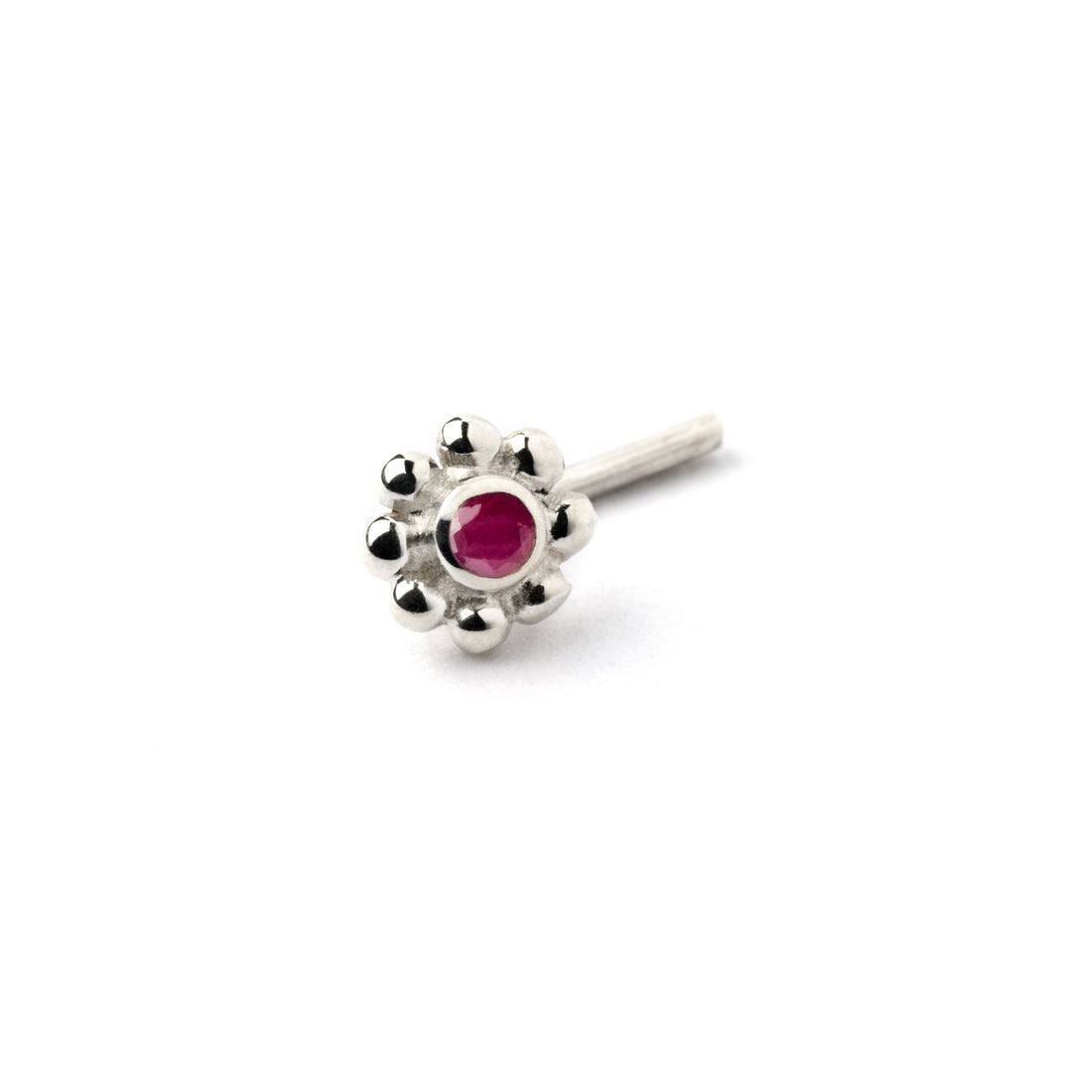 silver Flower Nose Stud with Ruby frontal view