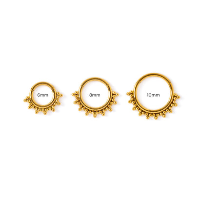6mm, 8mm, 10mm Sarika gold surgical steel septum clickers frontal view