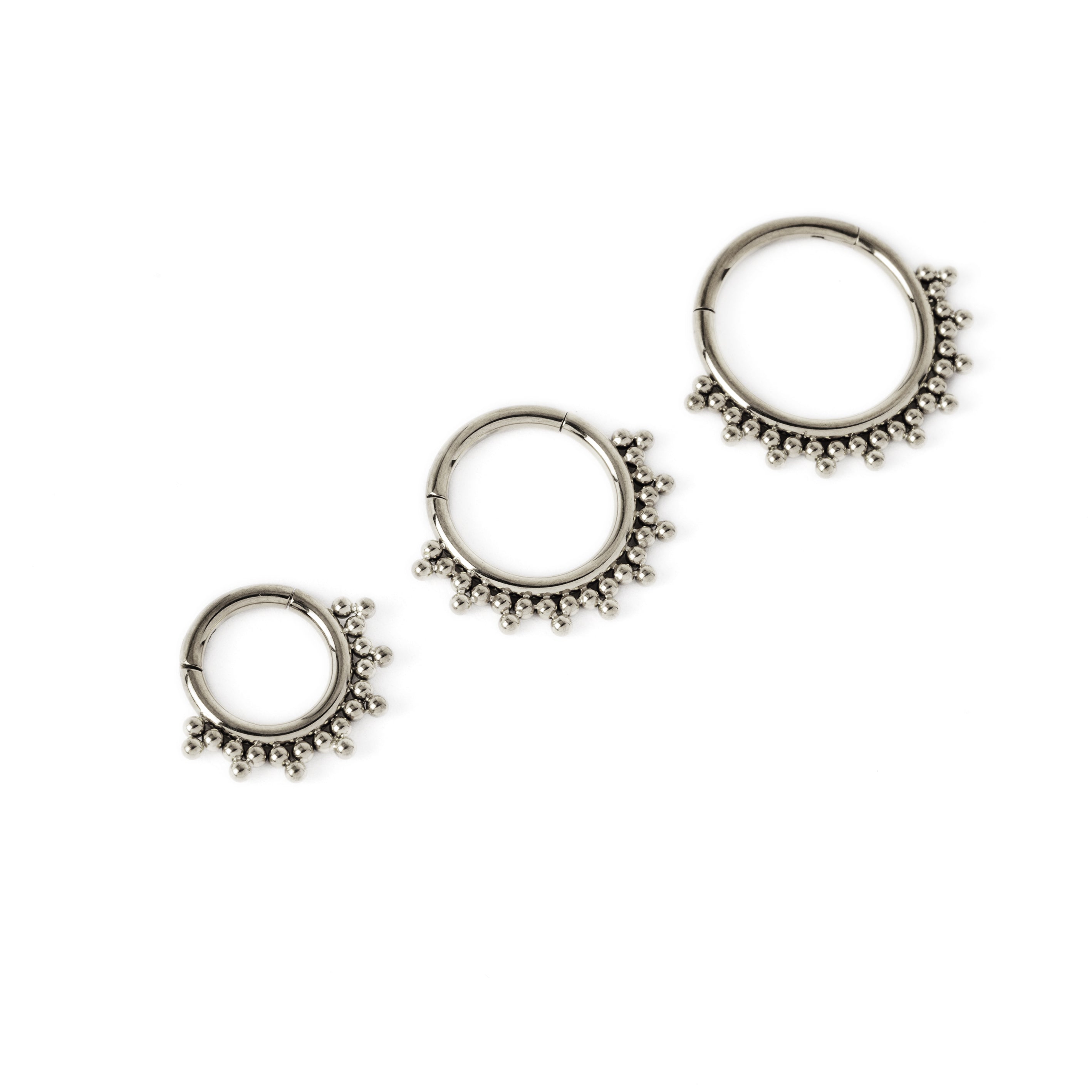 6mm, 8mm, 10mm Sarika surgical steel septum clickers side view