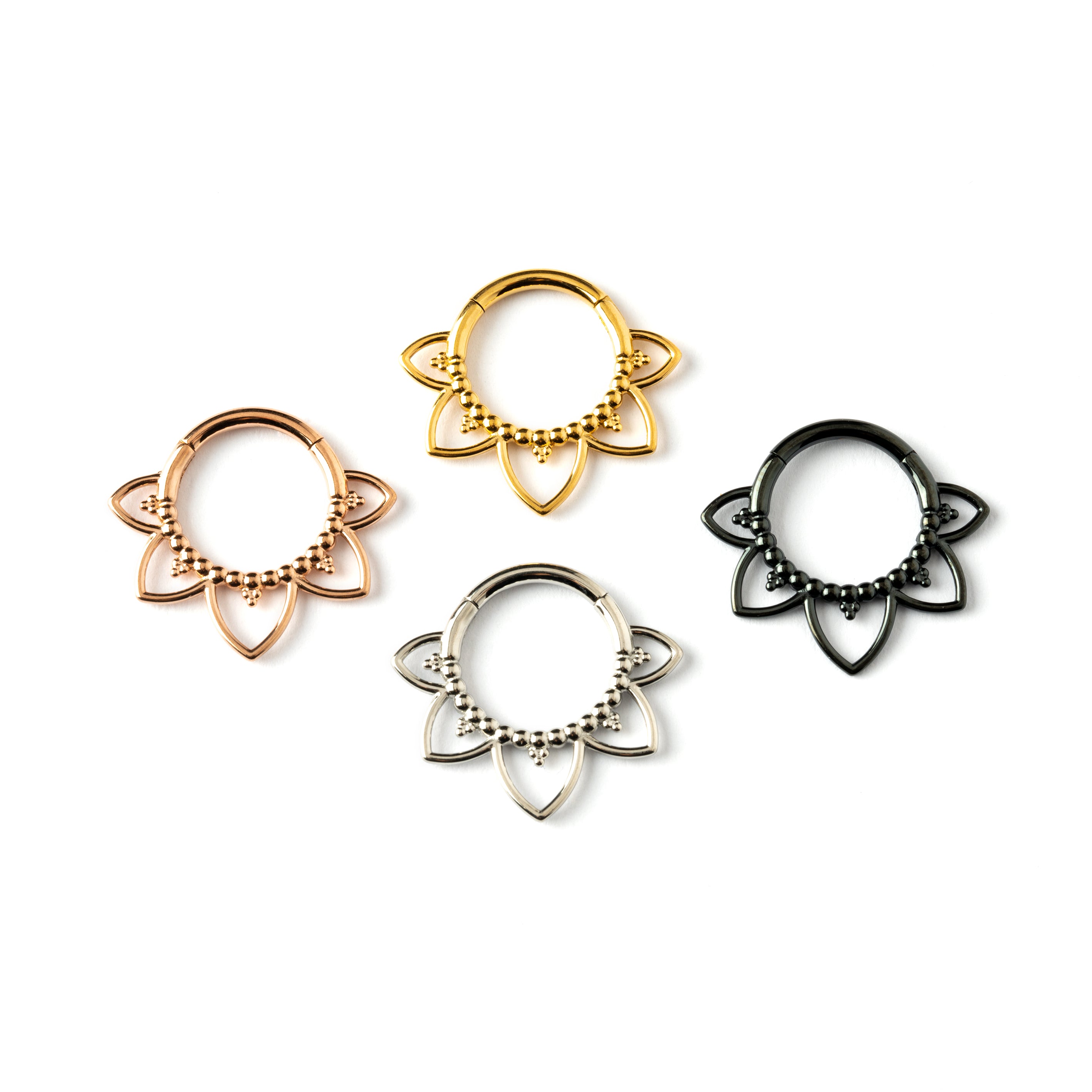 Iryia surgical steel, black, rose gold and gold open lotus septum clickers frontal view