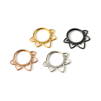 Iryia surgical steel, black, rose gold and gold open lotus septum clickers side view