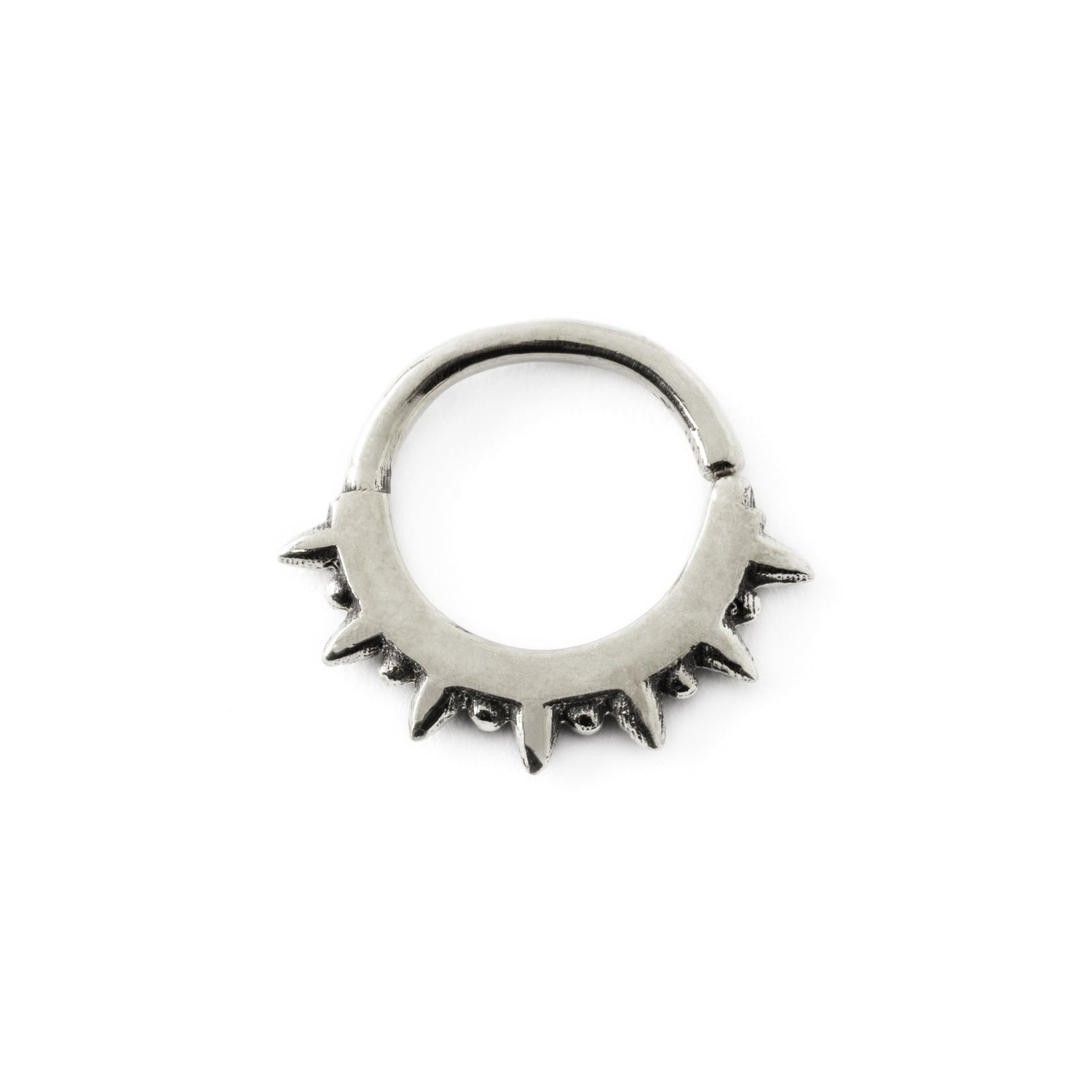 Shani silver septum ring with spiky ends frontal view