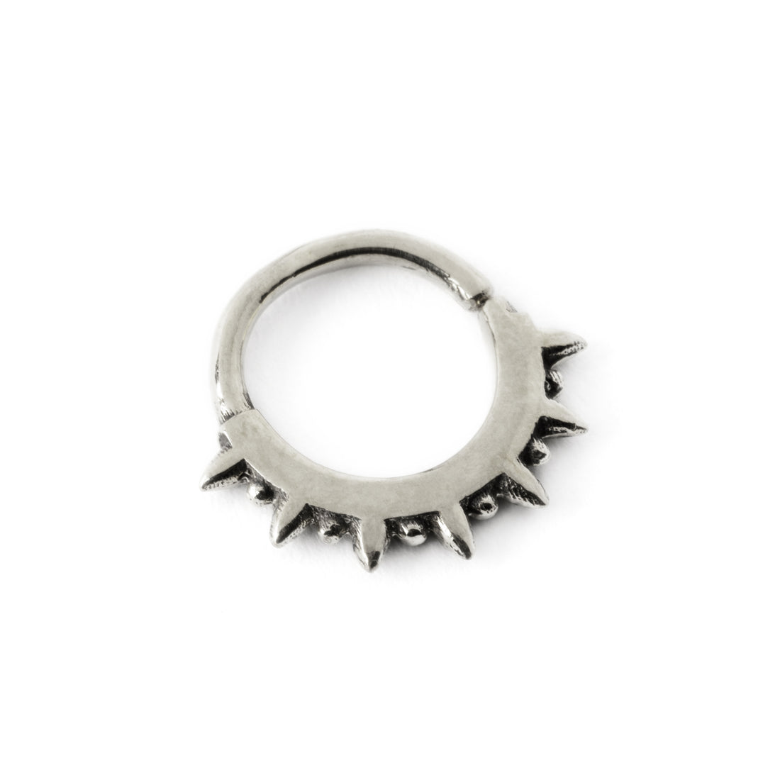 Shani silver septum ring with spiky ends right side view