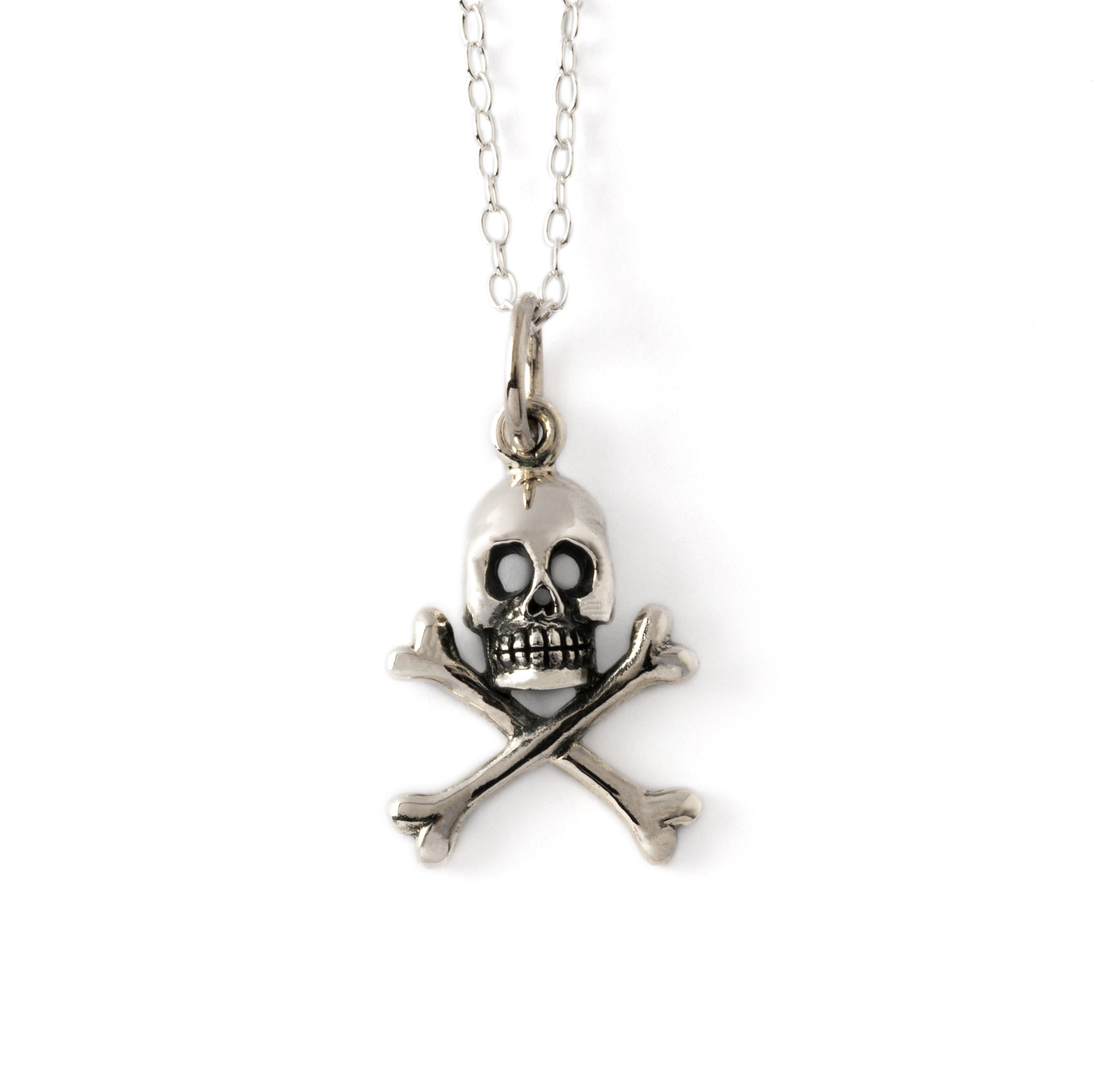 silver crossbones skull charm necklace frontal view