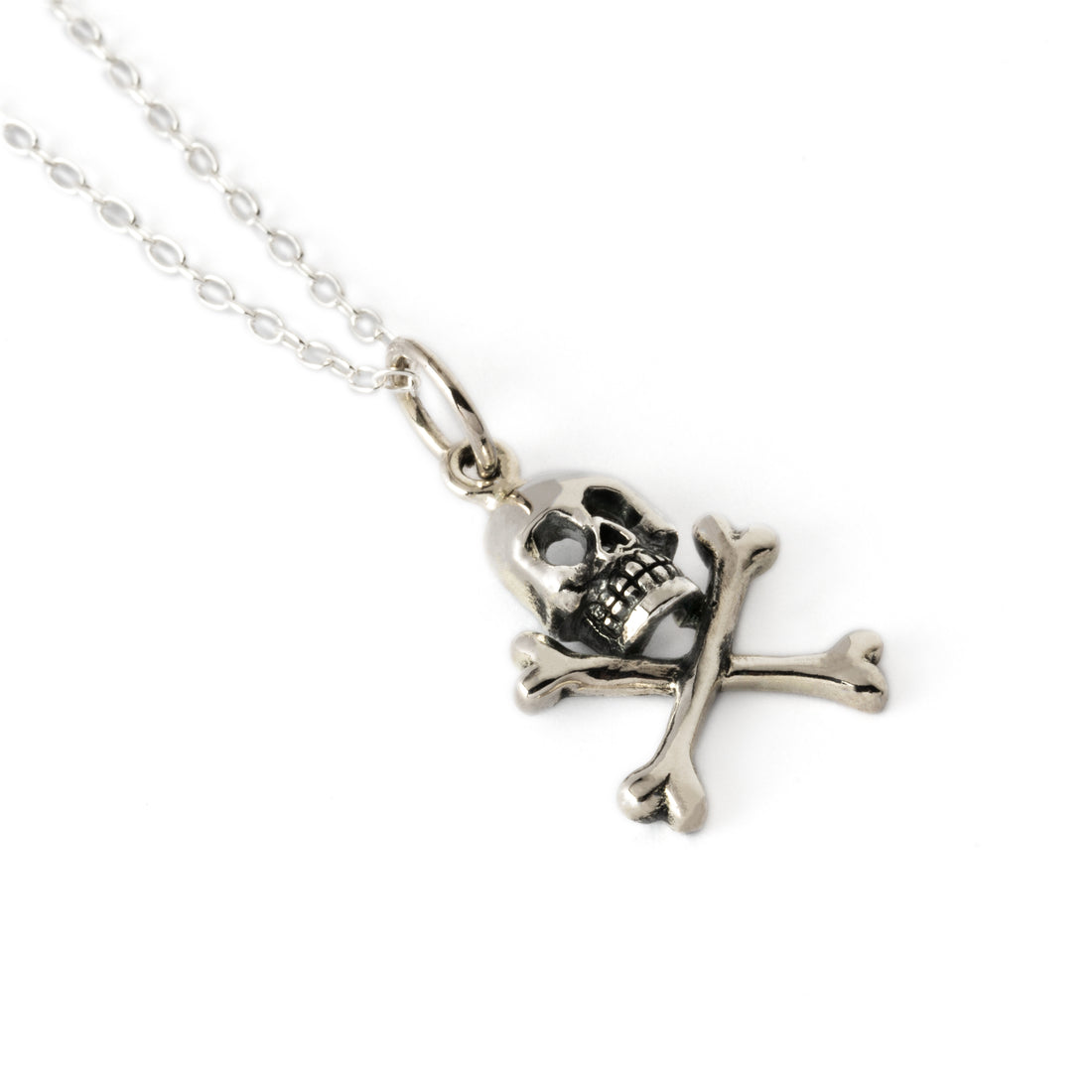 silver crossbones skull charm necklace right side view
