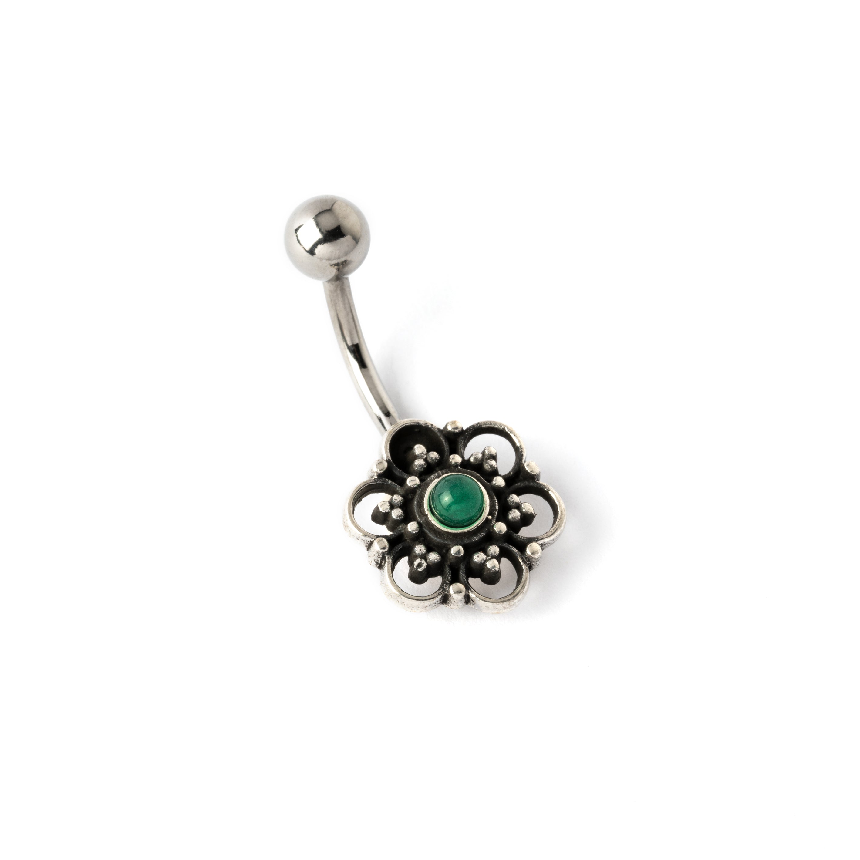 Silver Flower Belly Piercing with centred Jade right side view