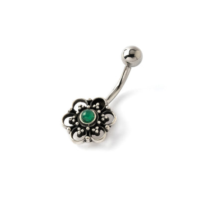 Silver Flower Belly Piercing with centred Jade left side view