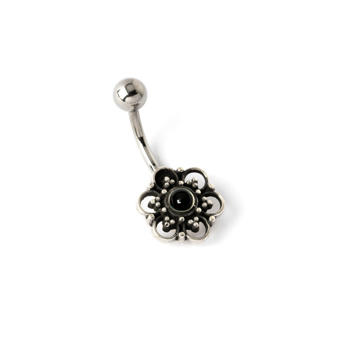Silver Flower Belly Piercing on a surgical steel bar with centred black onyx left side view