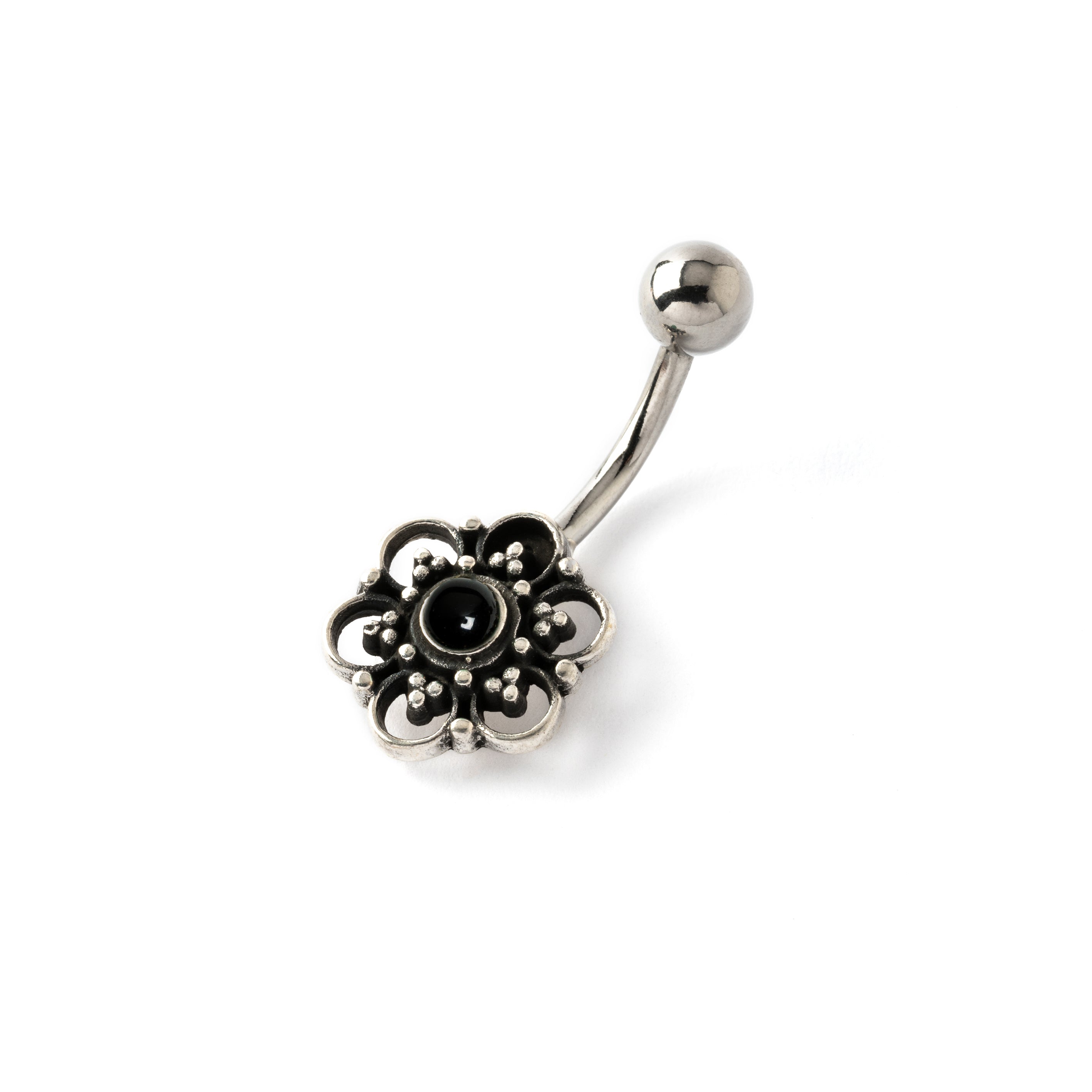 Silver Flower Belly Piercing on a surgical steel bar with centred black onyx right side view