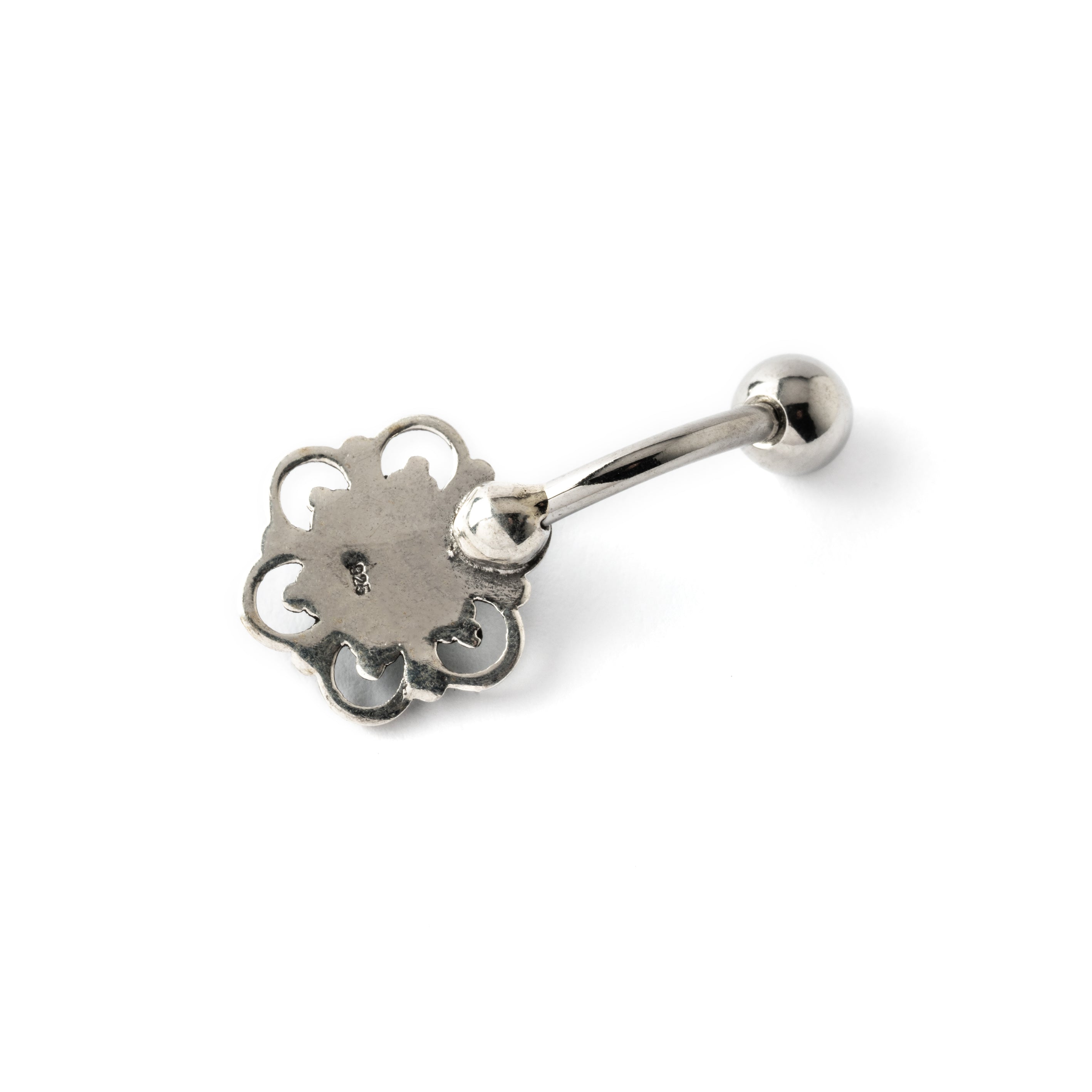 Silver Flower Belly Piercing on a surgical steel bar with centred black onyx back view