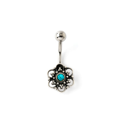 Silver Flower Belly Piercing on a surgical steel bar with centred turquoise stone frontal view