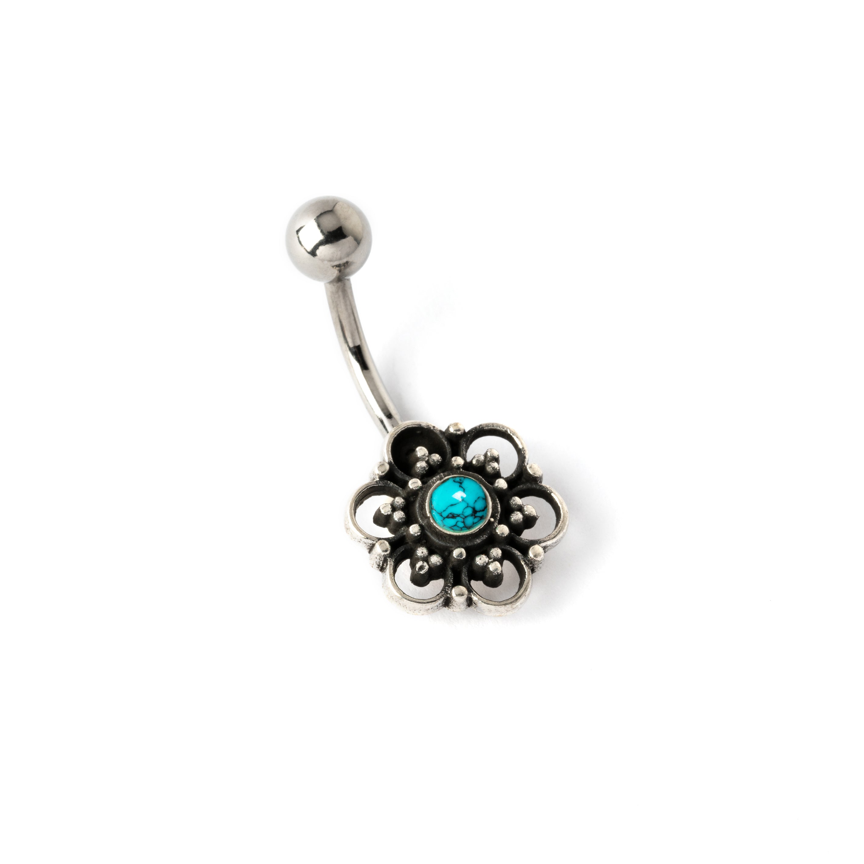 Silver Flower Belly Piercing on a surgical steel bar with centred turquoise stone left side view