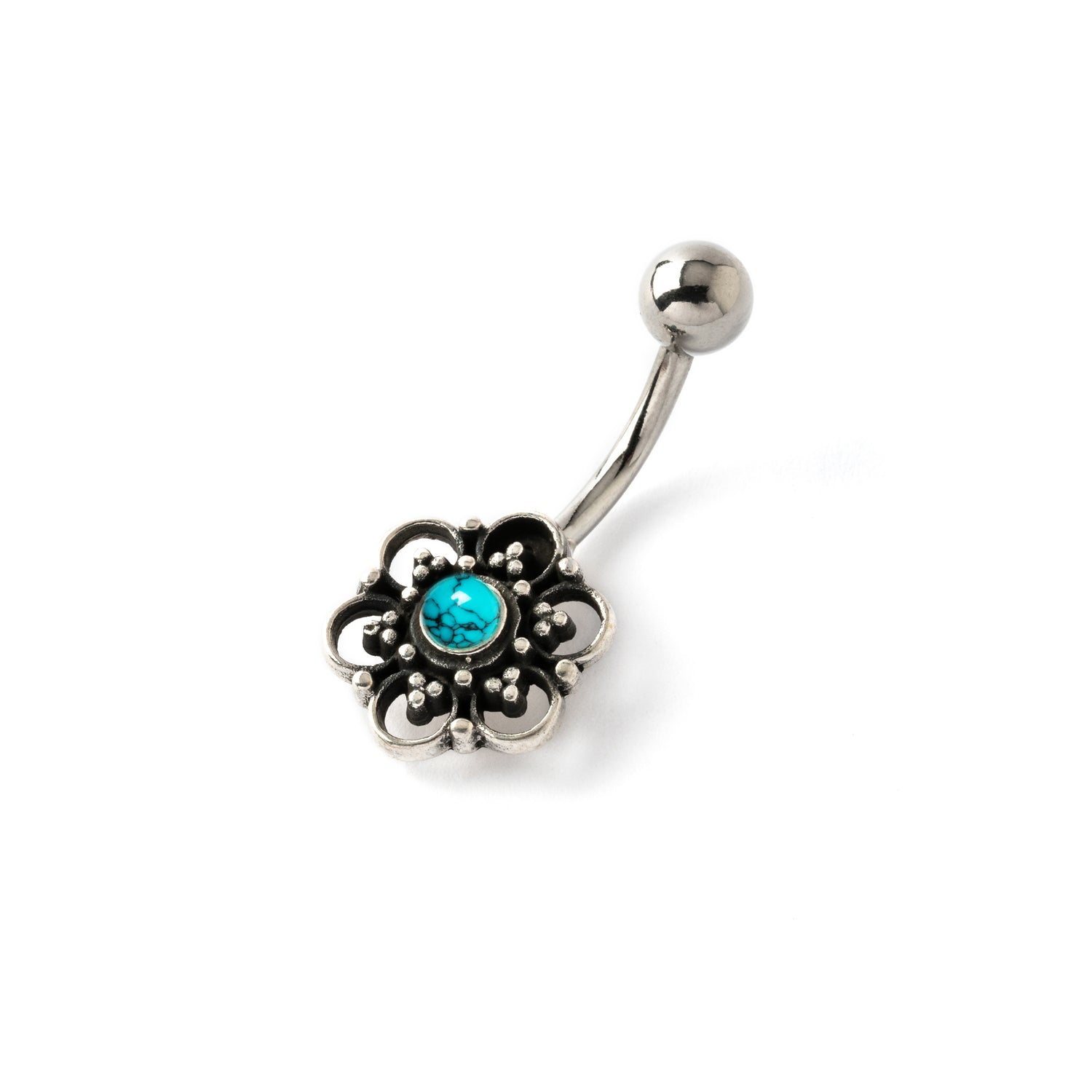 Silver Flower Belly Piercing on a surgical steel bar with centred turquoise stone right side view