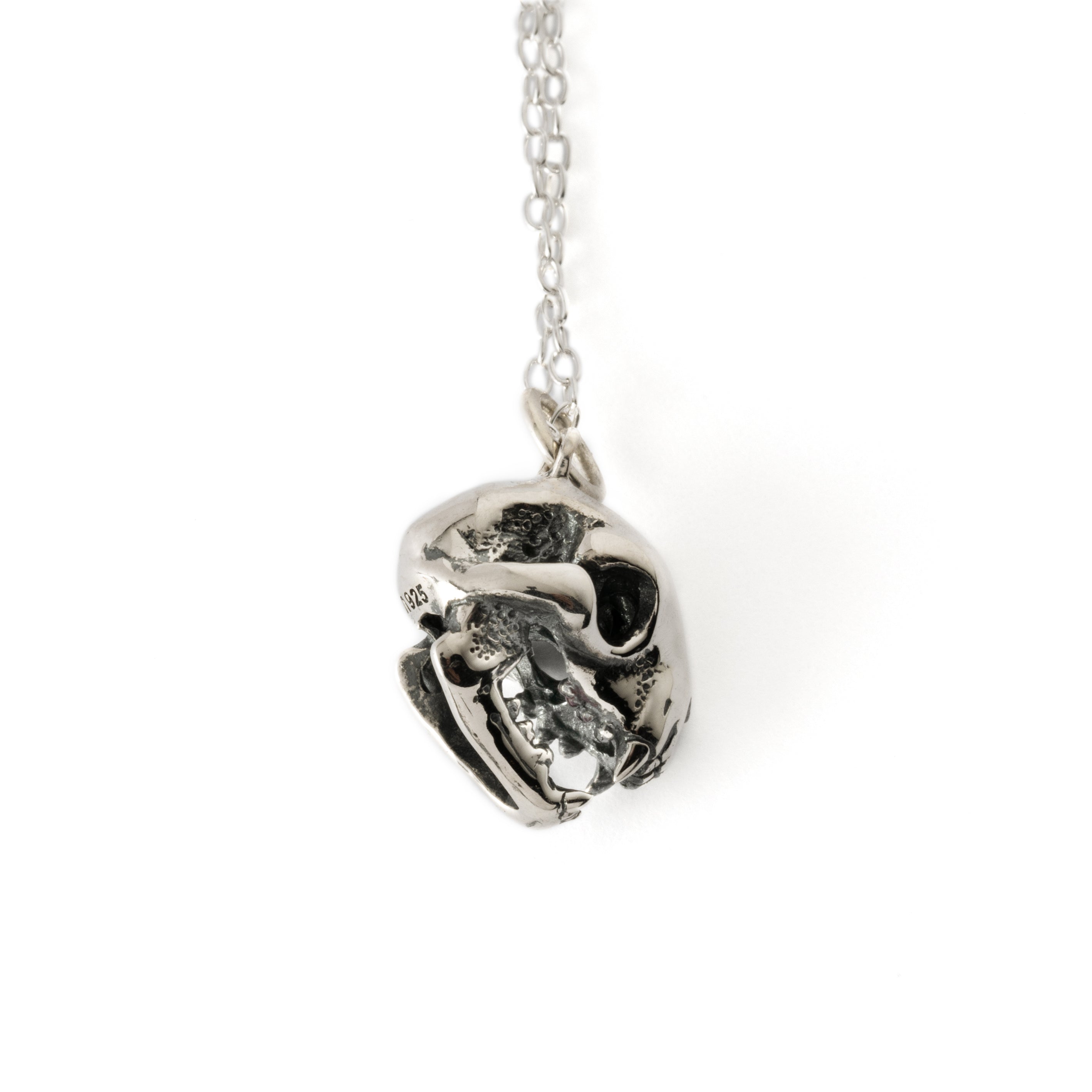 silver cat skull charm necklace right side view