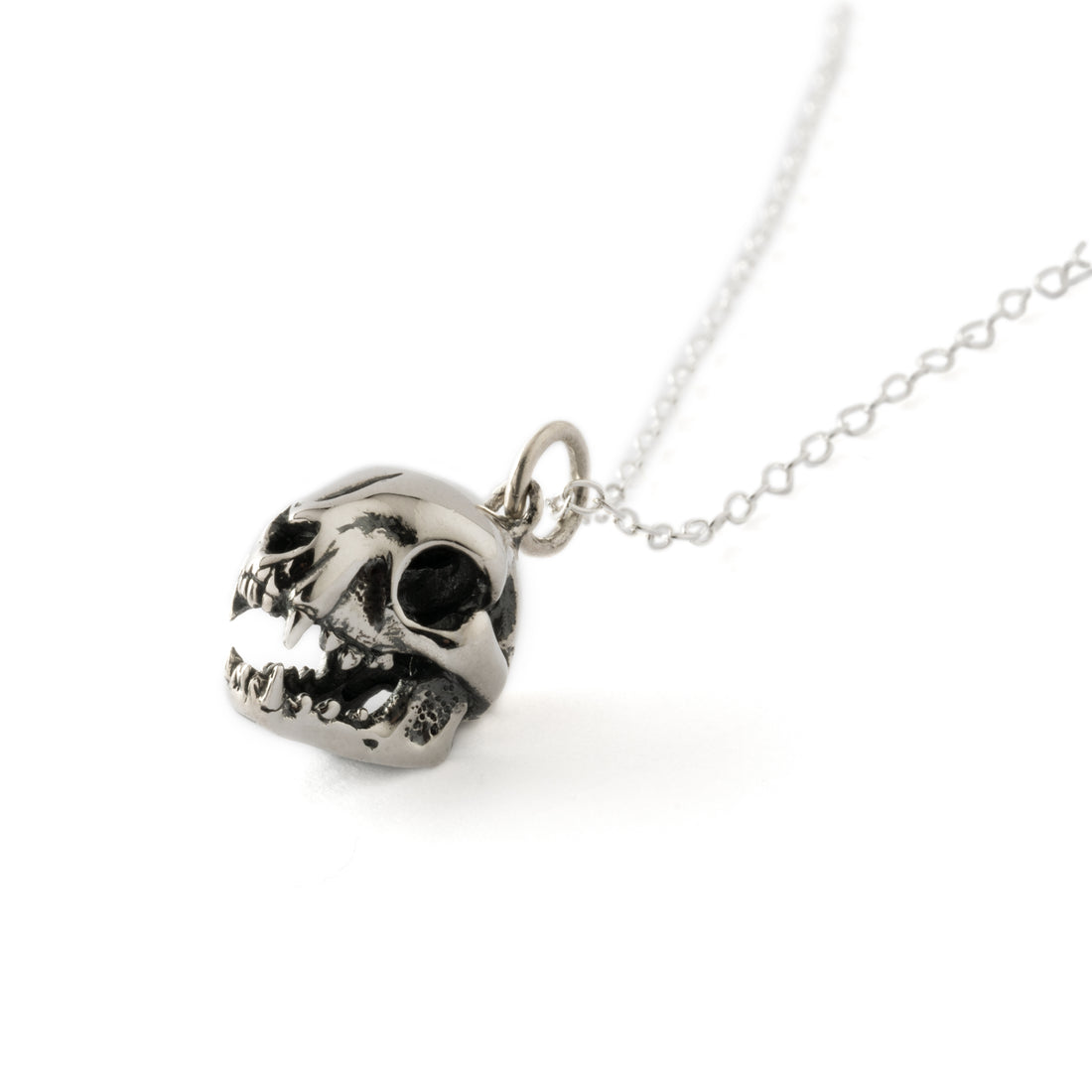 silver cat skull charm necklace left side view