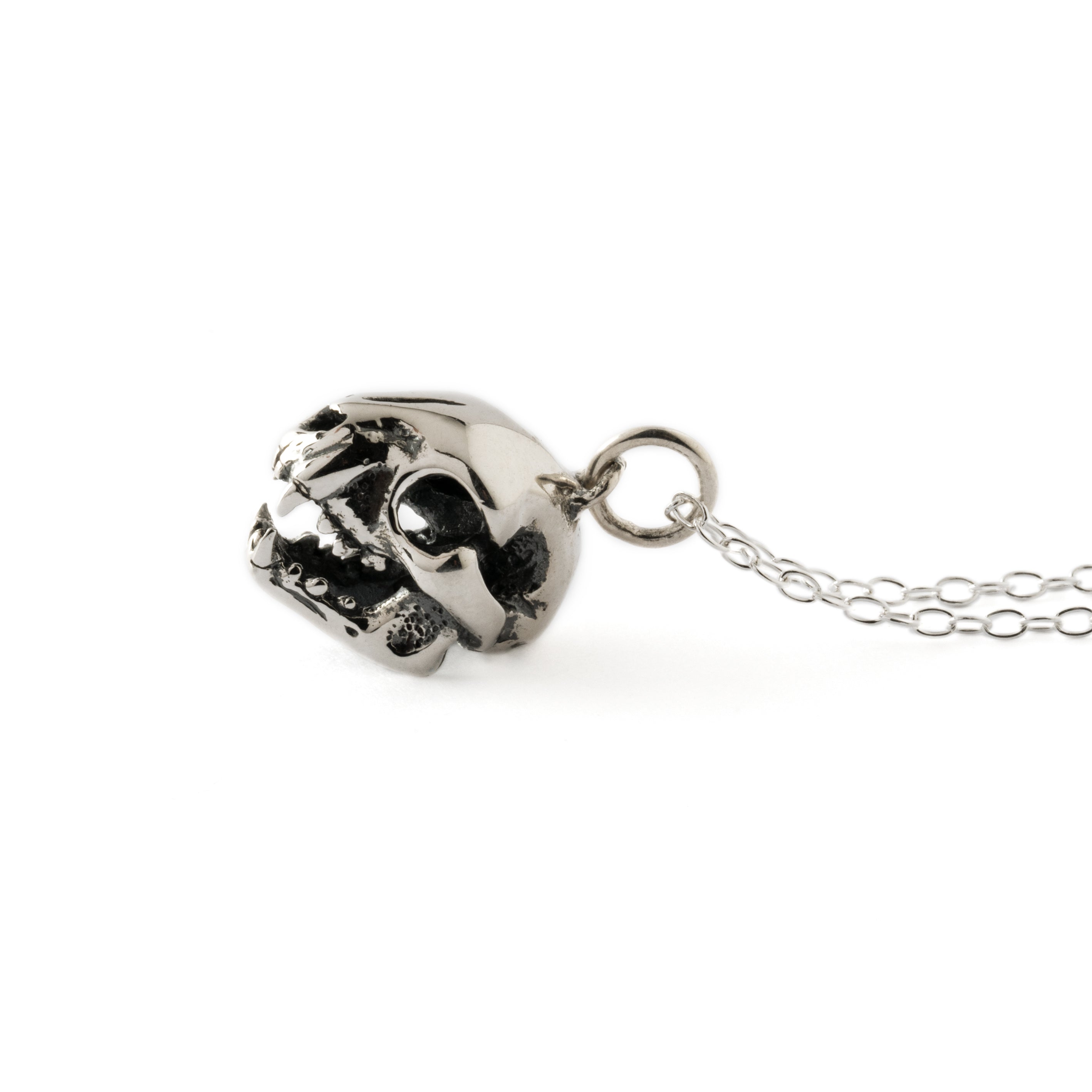 silver cat skull charm necklace left side view