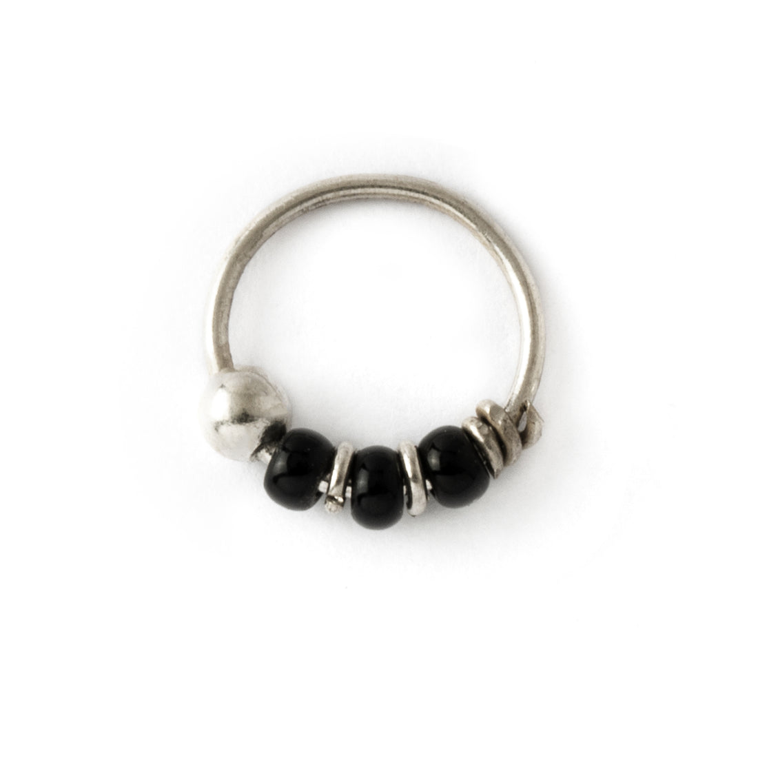 Silver nose ring with black onyx beads frontal view