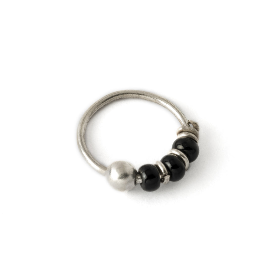 Silver nose ring with black onyx beads right side view