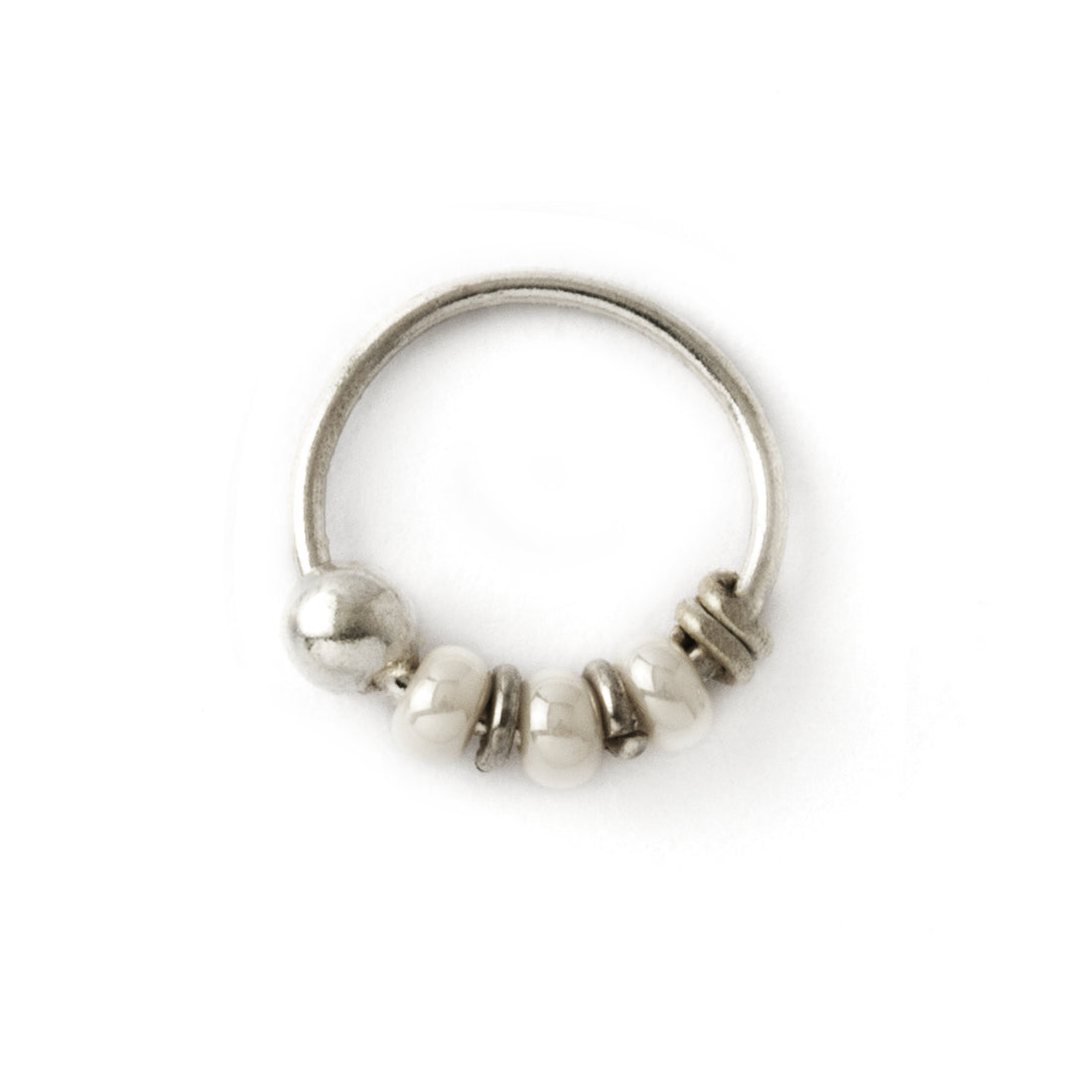 Silver nose ring with pearl beads frontal view