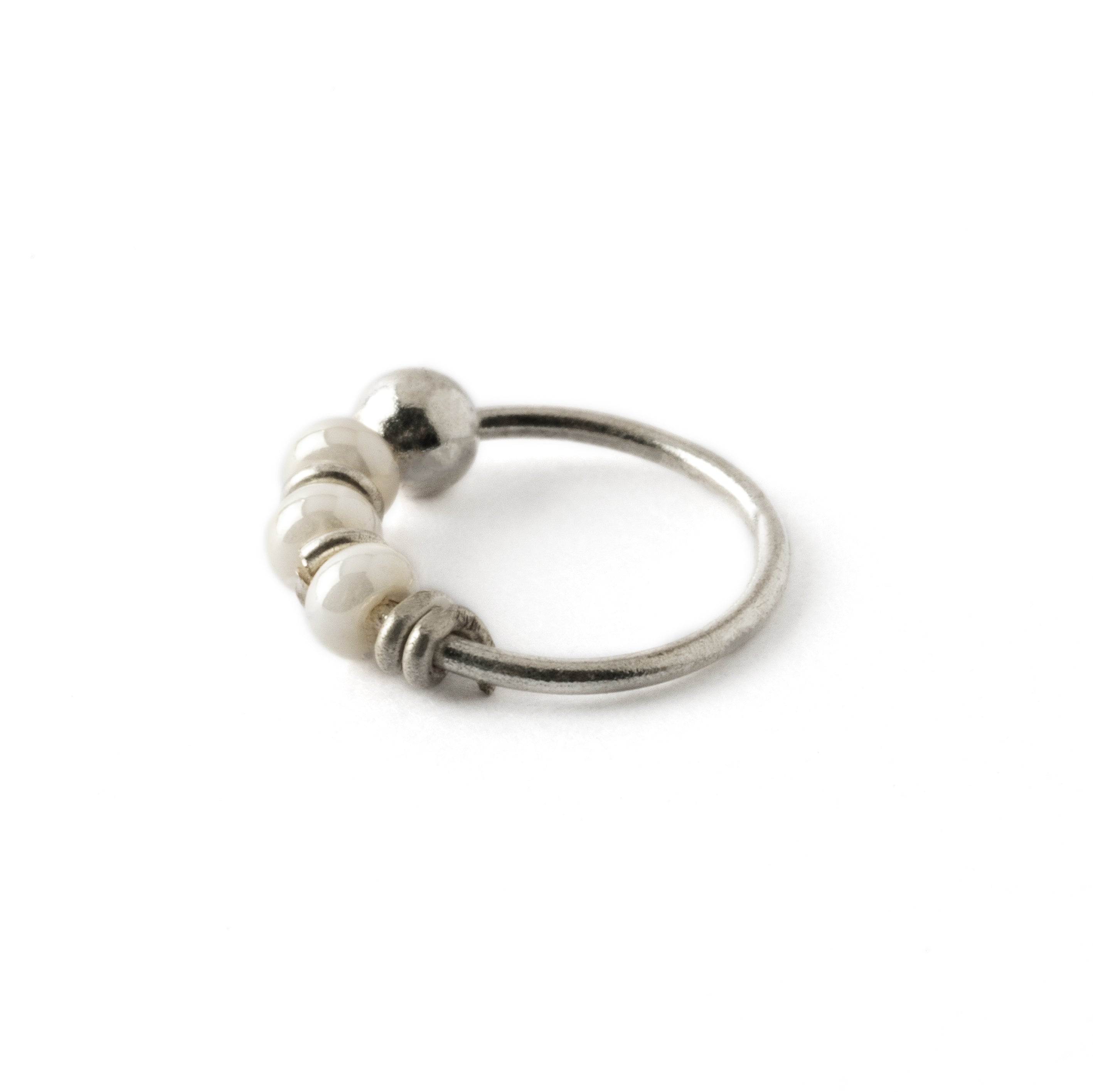 Silver nose ring with pearl beads side view
