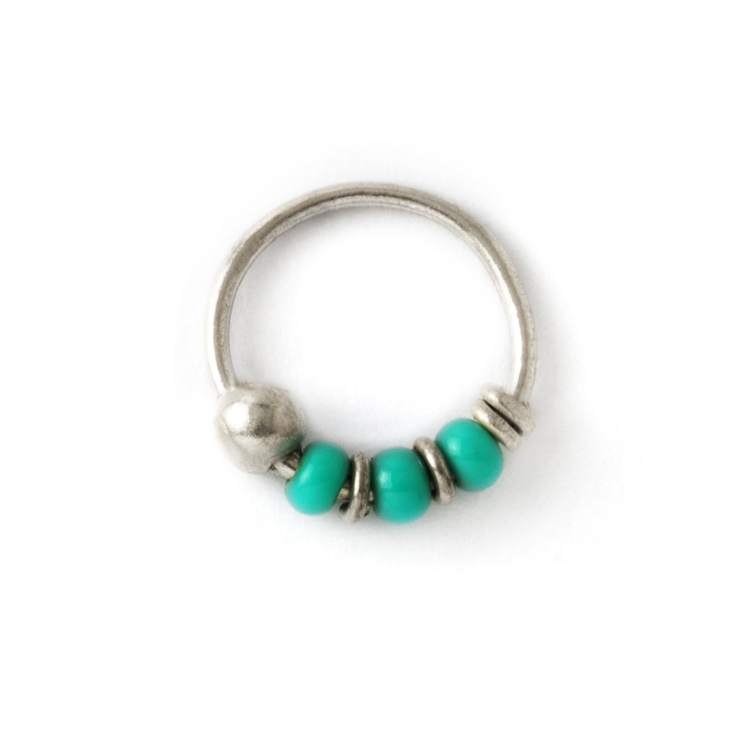 Silver nose ring with turquoise beads frontal view