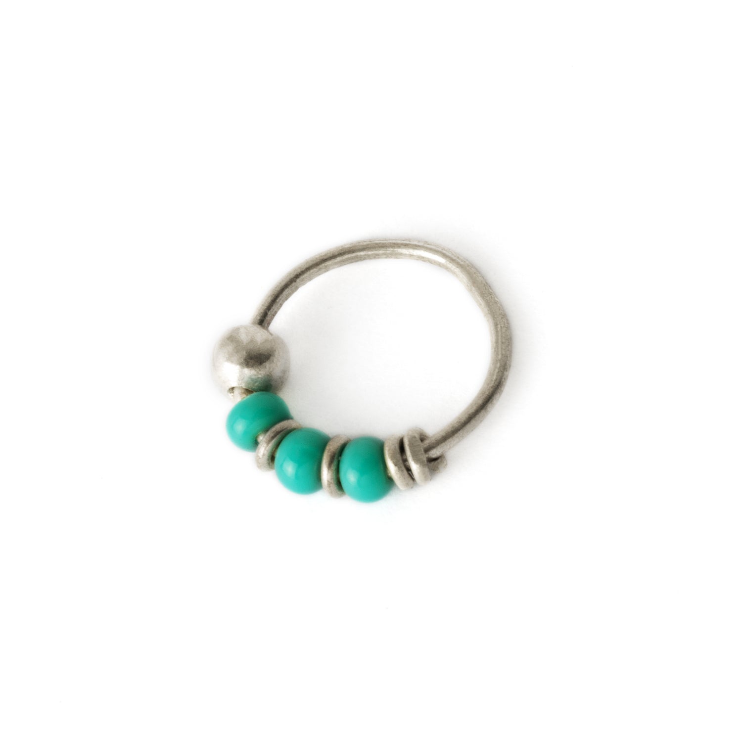 Silver nose ring with turquoise beads left side view