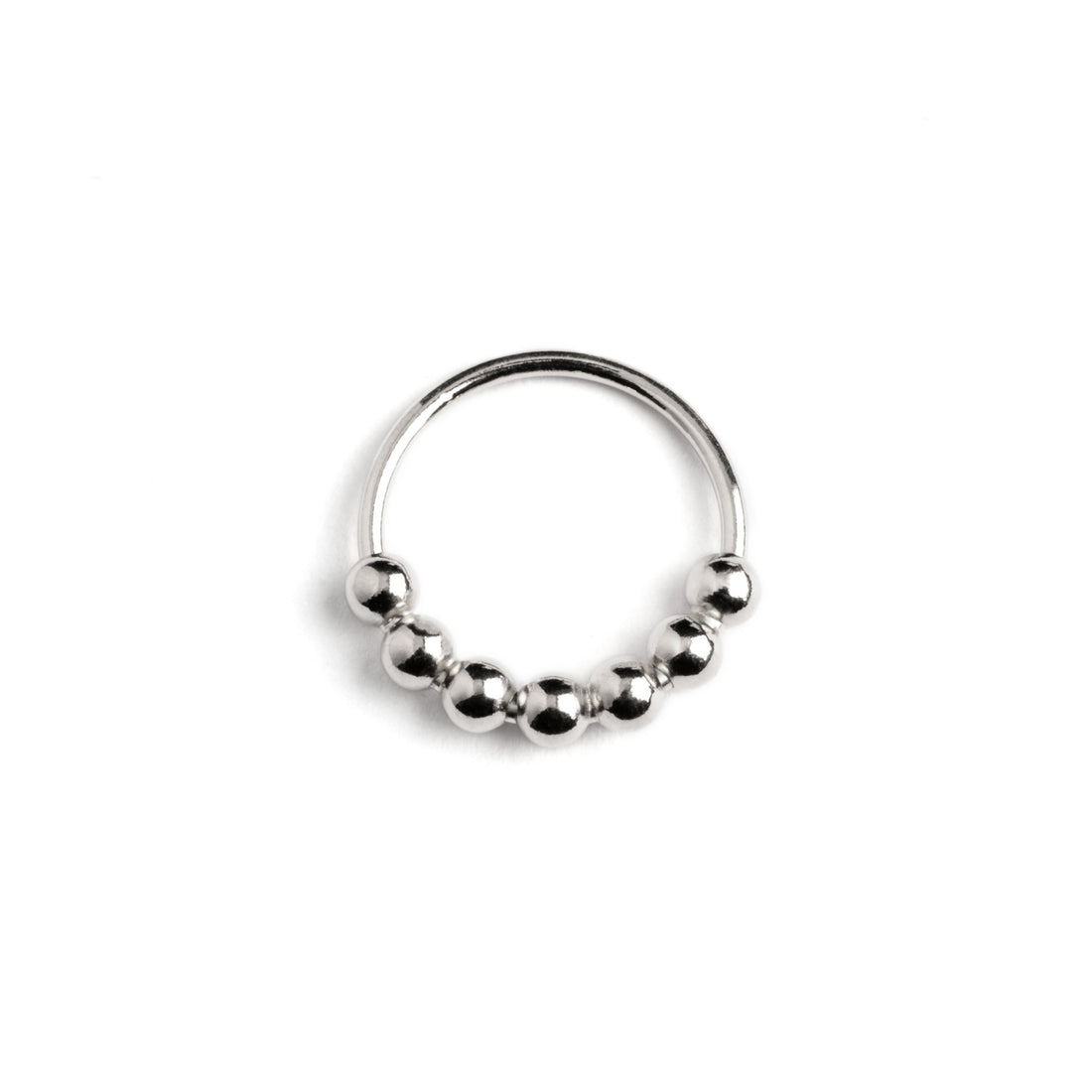 Silver beaded nose ring frontal view