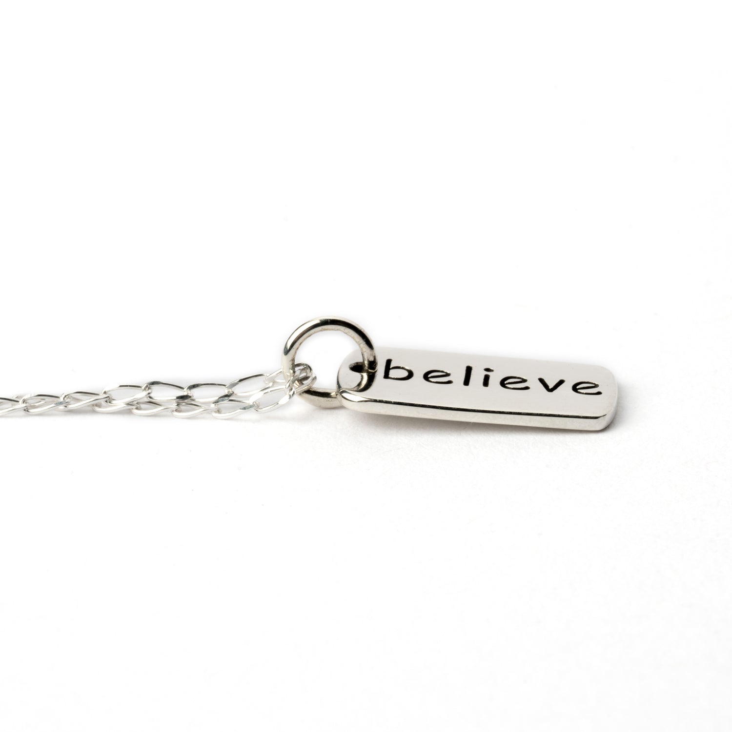 Believe Silver Charm Necklace side view