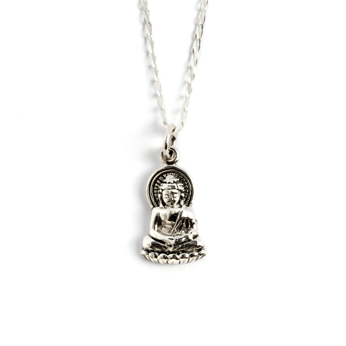 silver tiny sitting buddha charm necklace on a silver chain frontal view