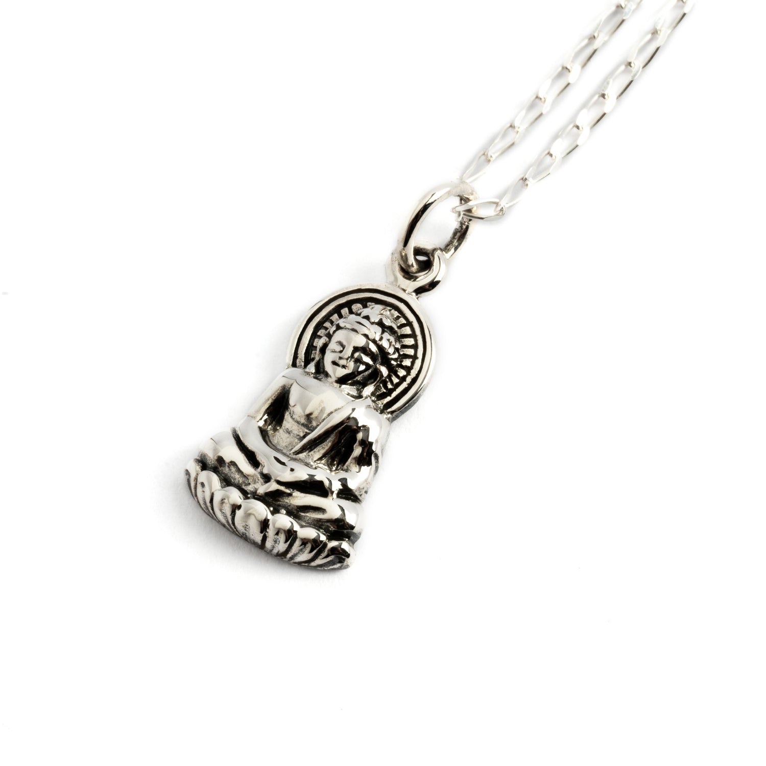 silver tiny sitting buddha charm necklace on a silver chain 