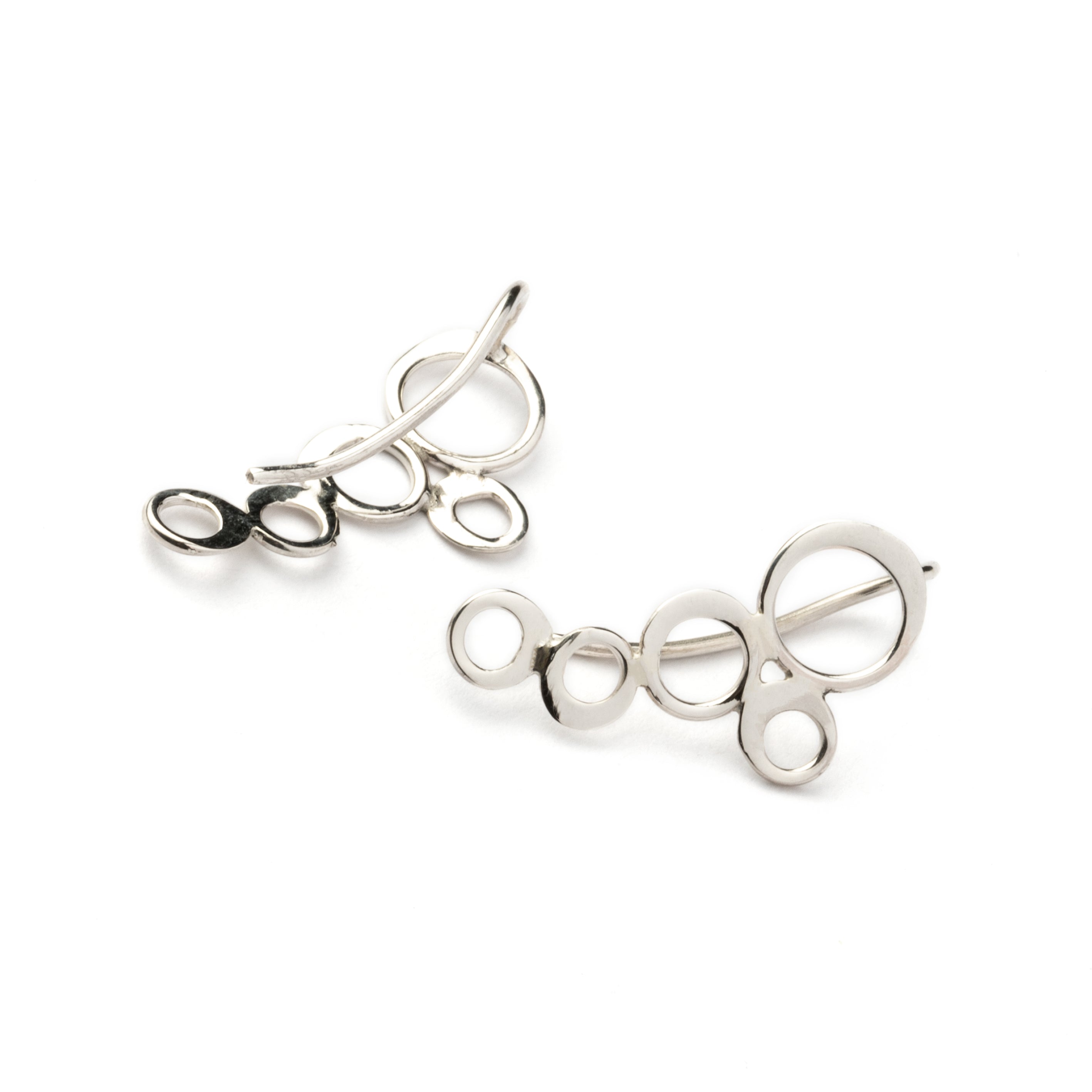 pair of silver circles ear climbers front and back view